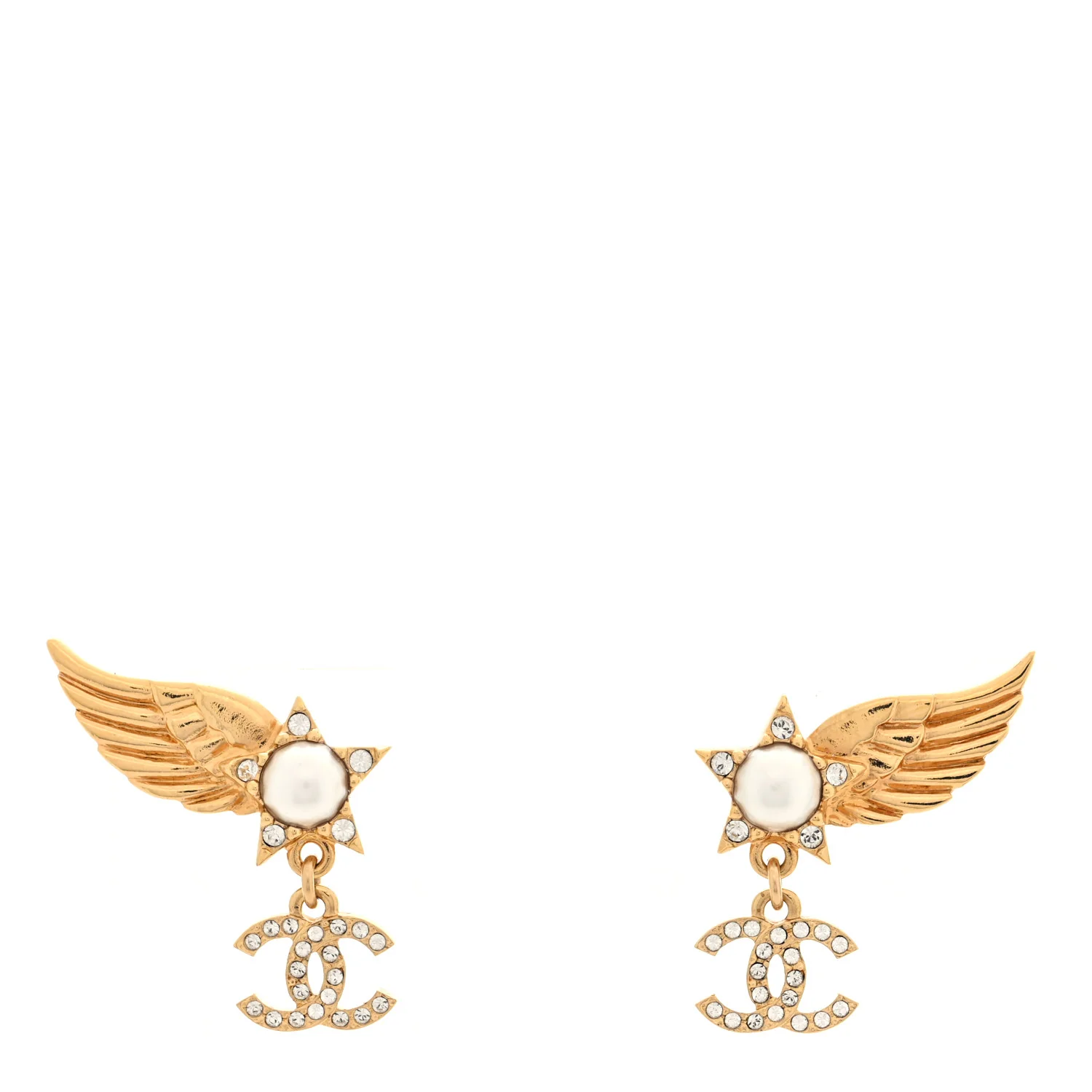 Crystal Pearl CC Wing Star Earrings Gold