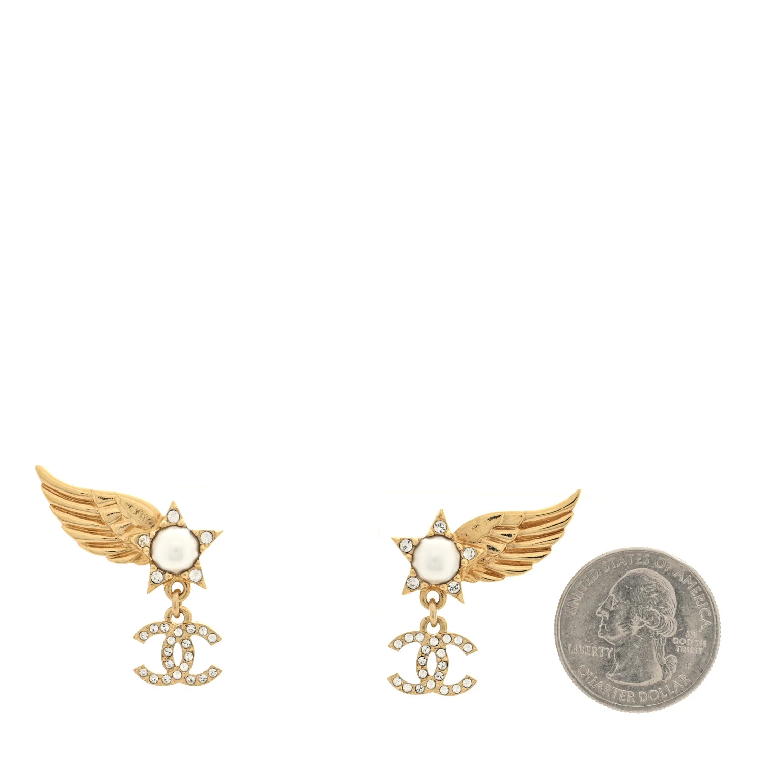 Crystal Pearl CC Wing Star Earrings Gold - Image 2