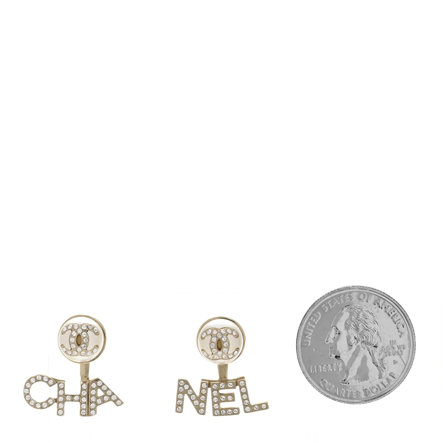 Crystal Pearl Cha-Nel Logo Earrings Gold - Image 2