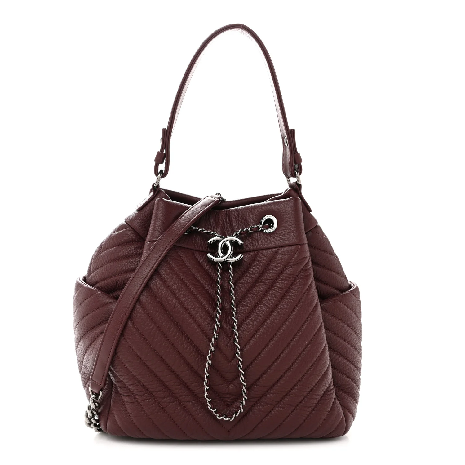 Deerskin Chevron Medium CC Chain Bucket Drawstring Bag Burgundy