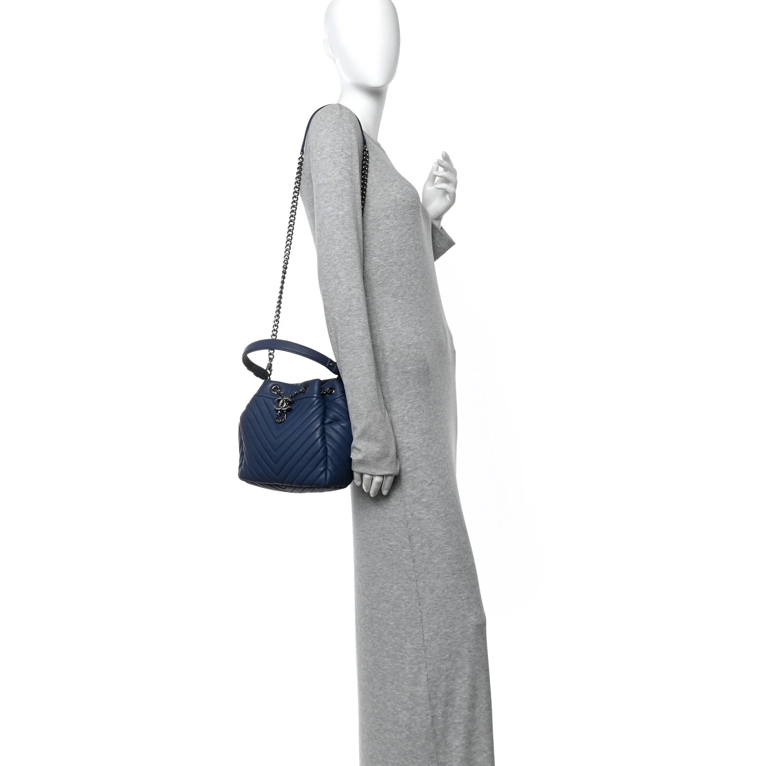 Deerskin Chevron Small CC Chain Bucket Bag Navy Blue - Image 2