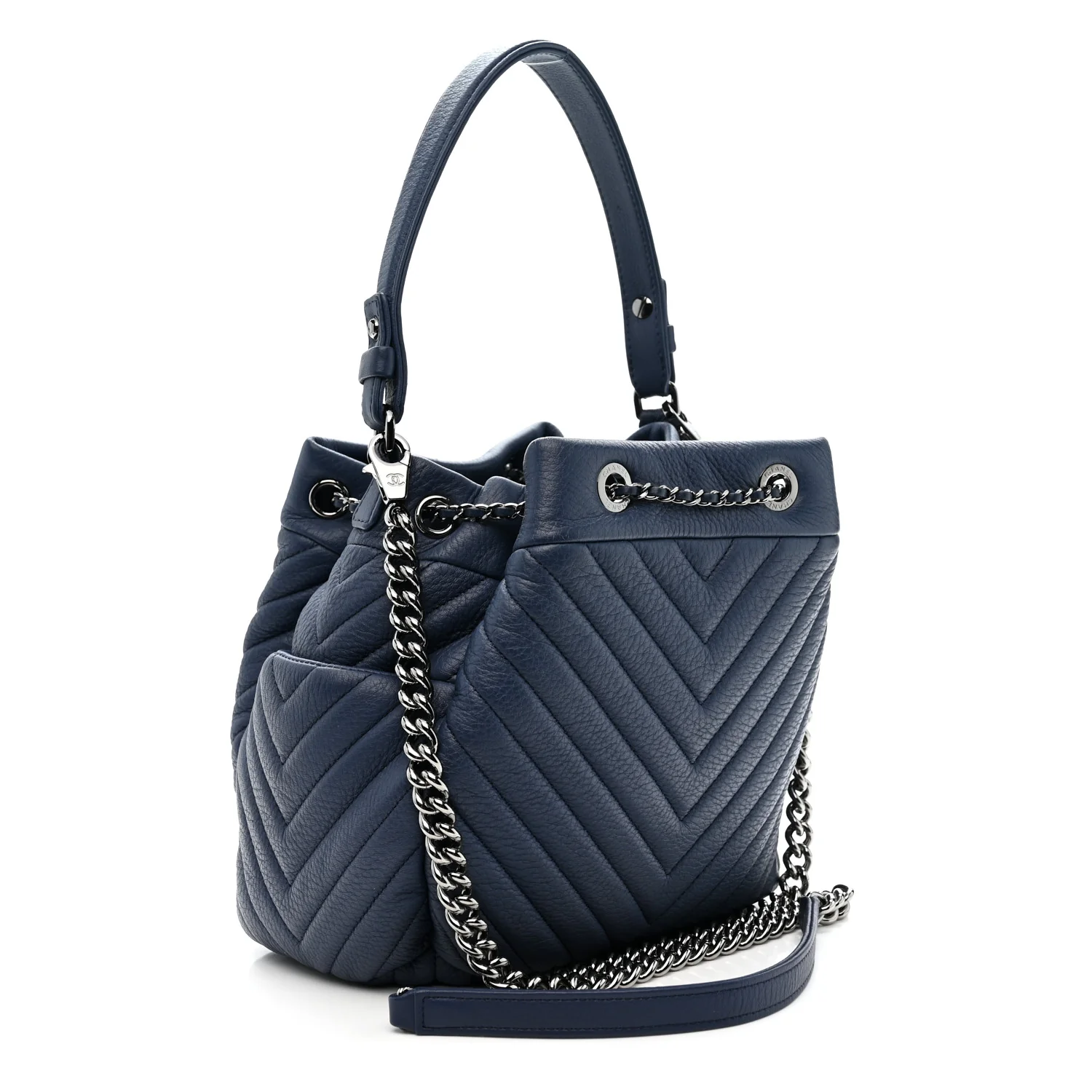 Deerskin Chevron Small CC Chain Bucket Bag Navy Blue - Image 3