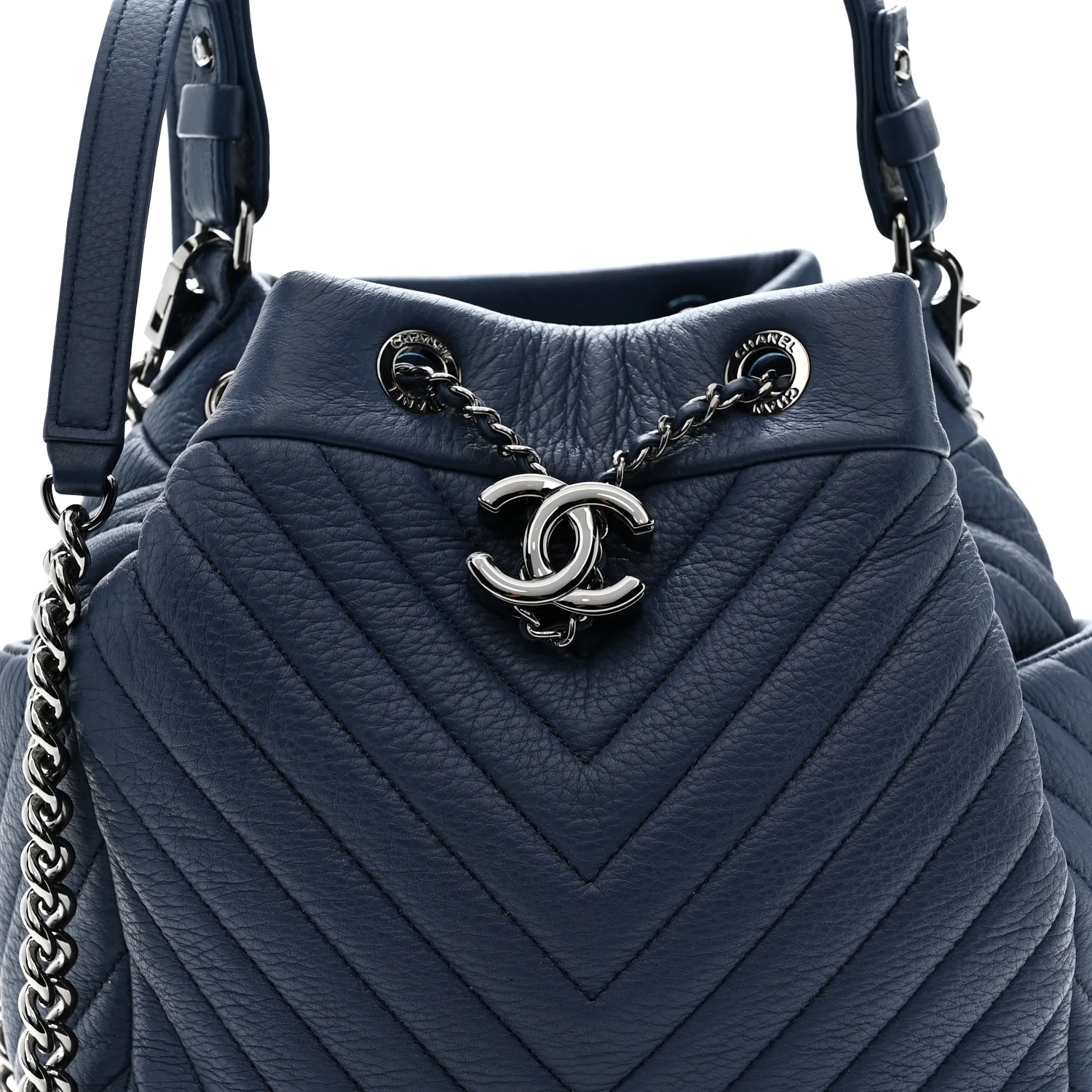 Deerskin Chevron Small CC Chain Bucket Bag Navy Blue - Image 8
