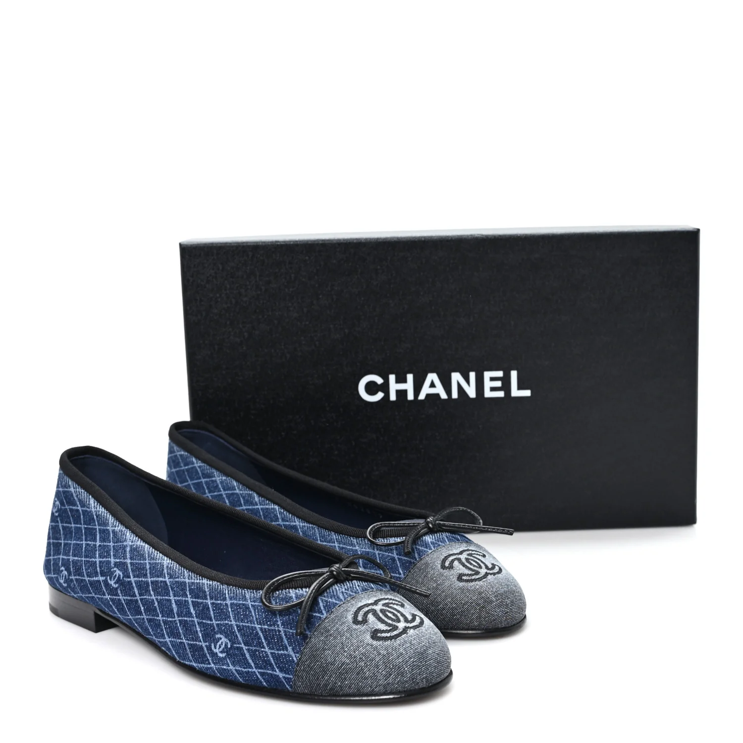 Denim Printed Quilt CC Cap Toe Ballerina Flats 37 Navy Blue Dark Grey - Image 10