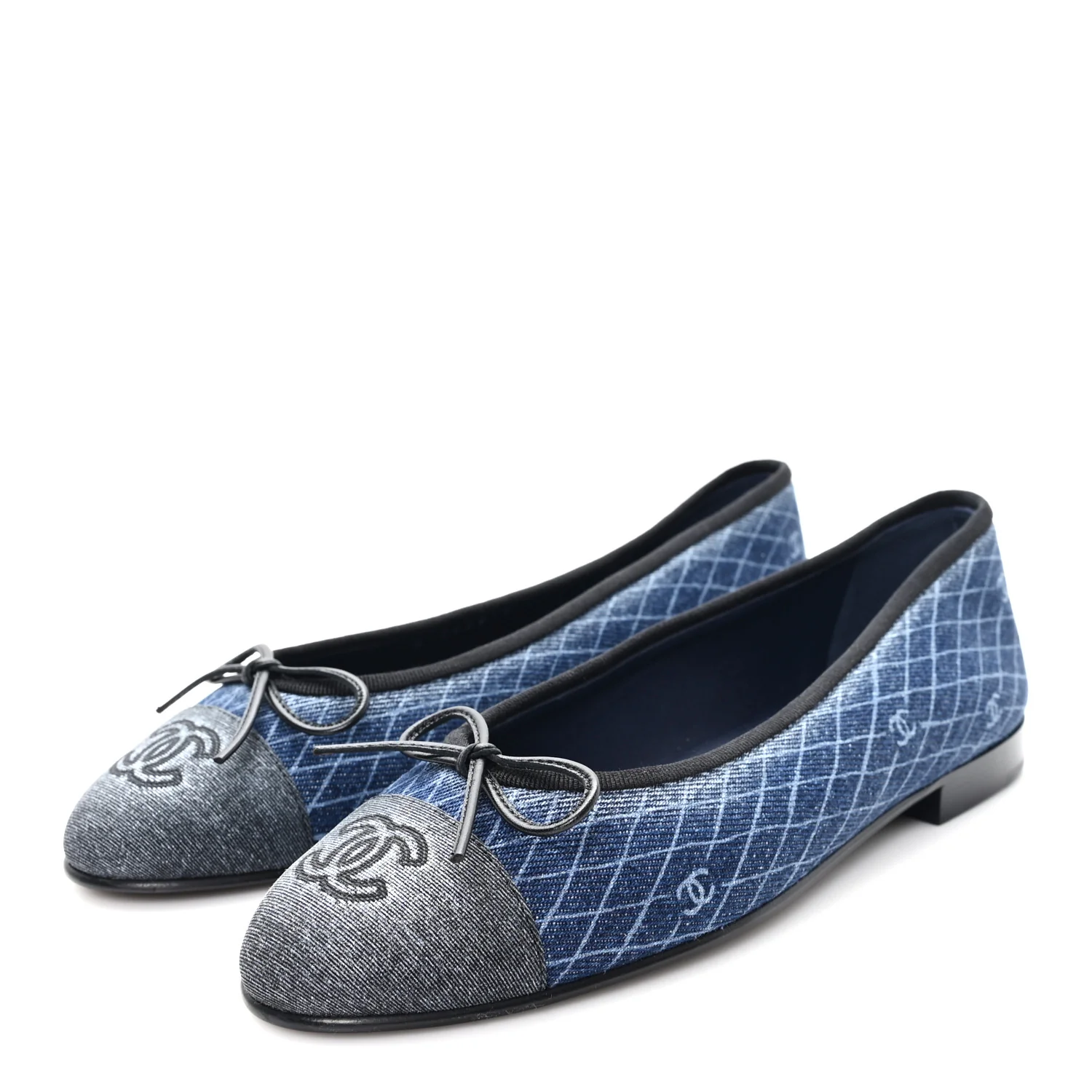 Denim Printed Quilt CC Cap Toe Ballerina Flats 37 Navy Blue Dark Grey - Image 3