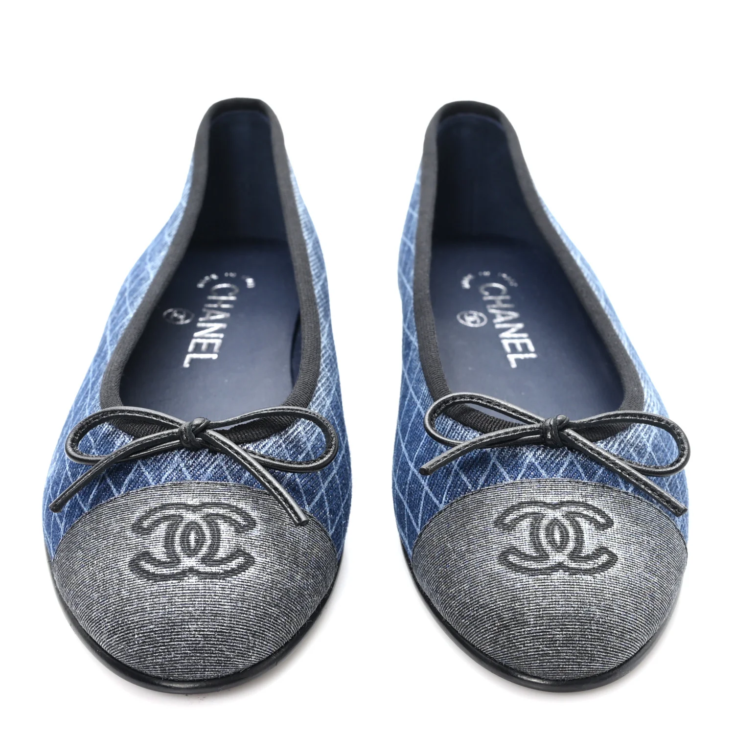 Denim Printed Quilt CC Cap Toe Ballerina Flats 37 Navy Blue Dark Grey - Image 5