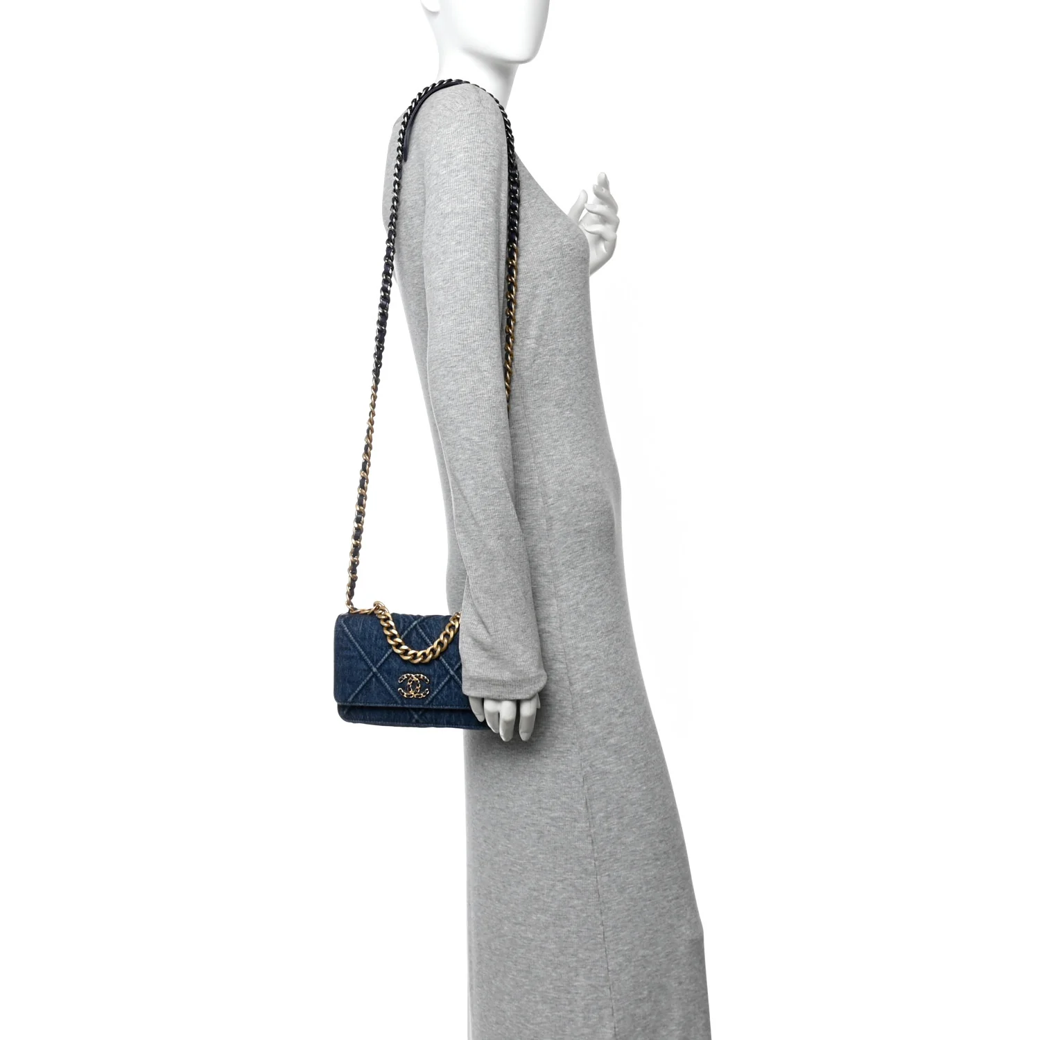 Denim Quilted Chanel 19 Wallet On Chain WOC Blue - Image 2