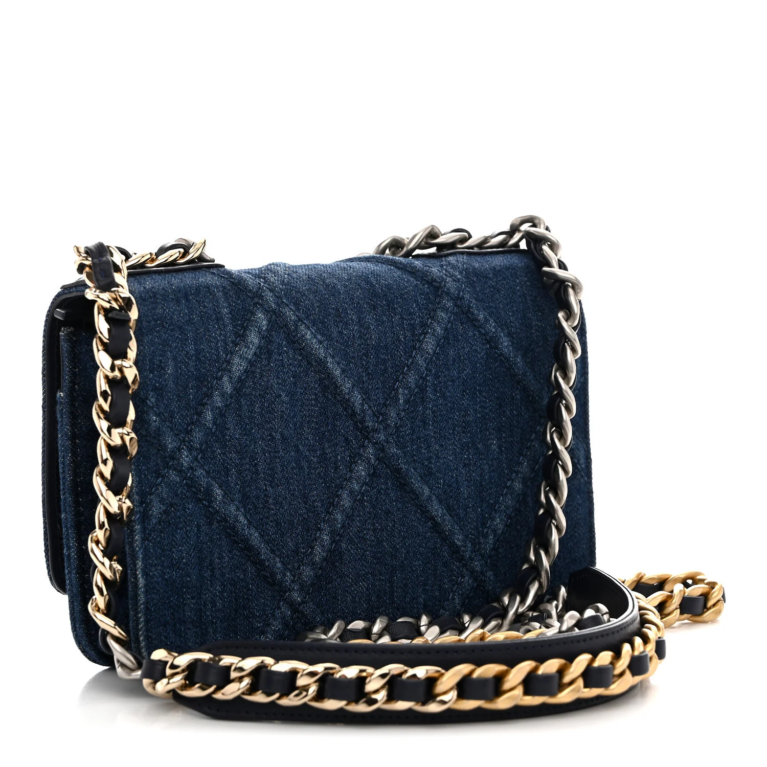 Denim Quilted Chanel 19 Wallet On Chain WOC Blue - Image 3