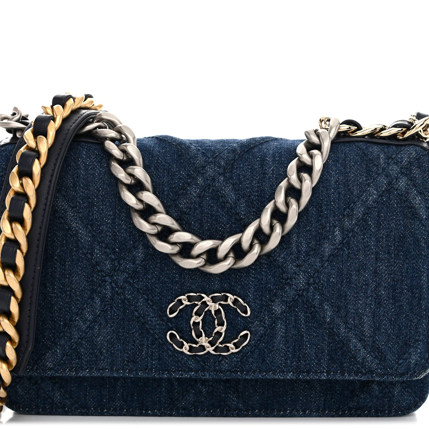 Denim Quilted Chanel 19 Wallet On Chain WOC Blue - Image 9