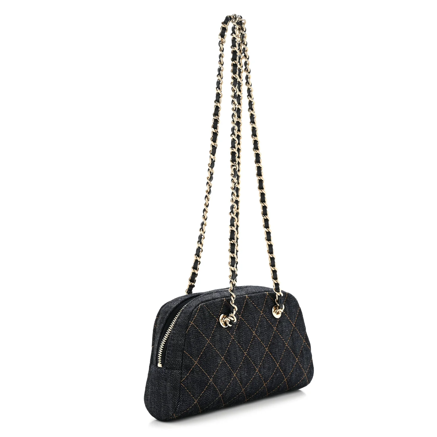 Denim Quilted Clutch With Chain Dark Blue Orange - Image 3