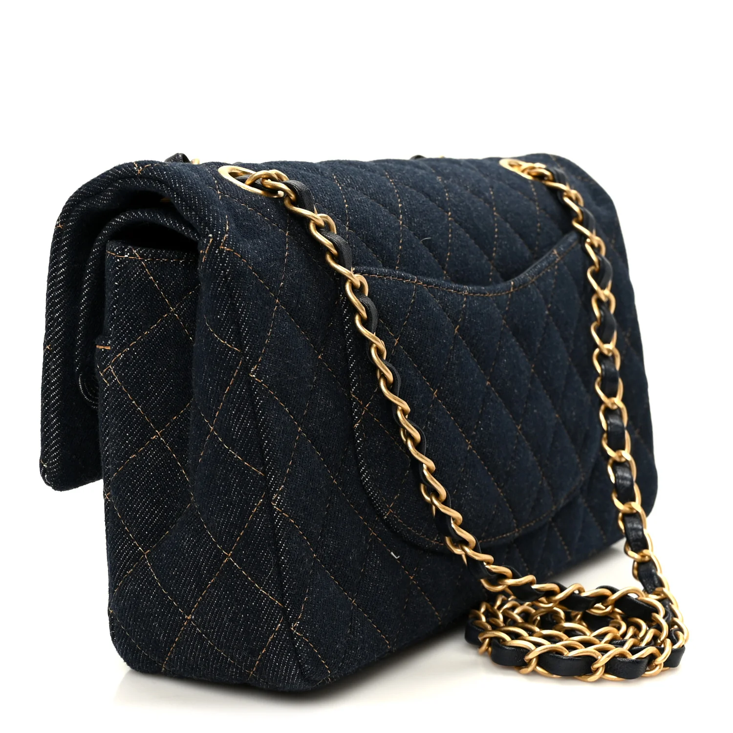 Denim Quilted Medium Double Flap Dark Blue - Image 3