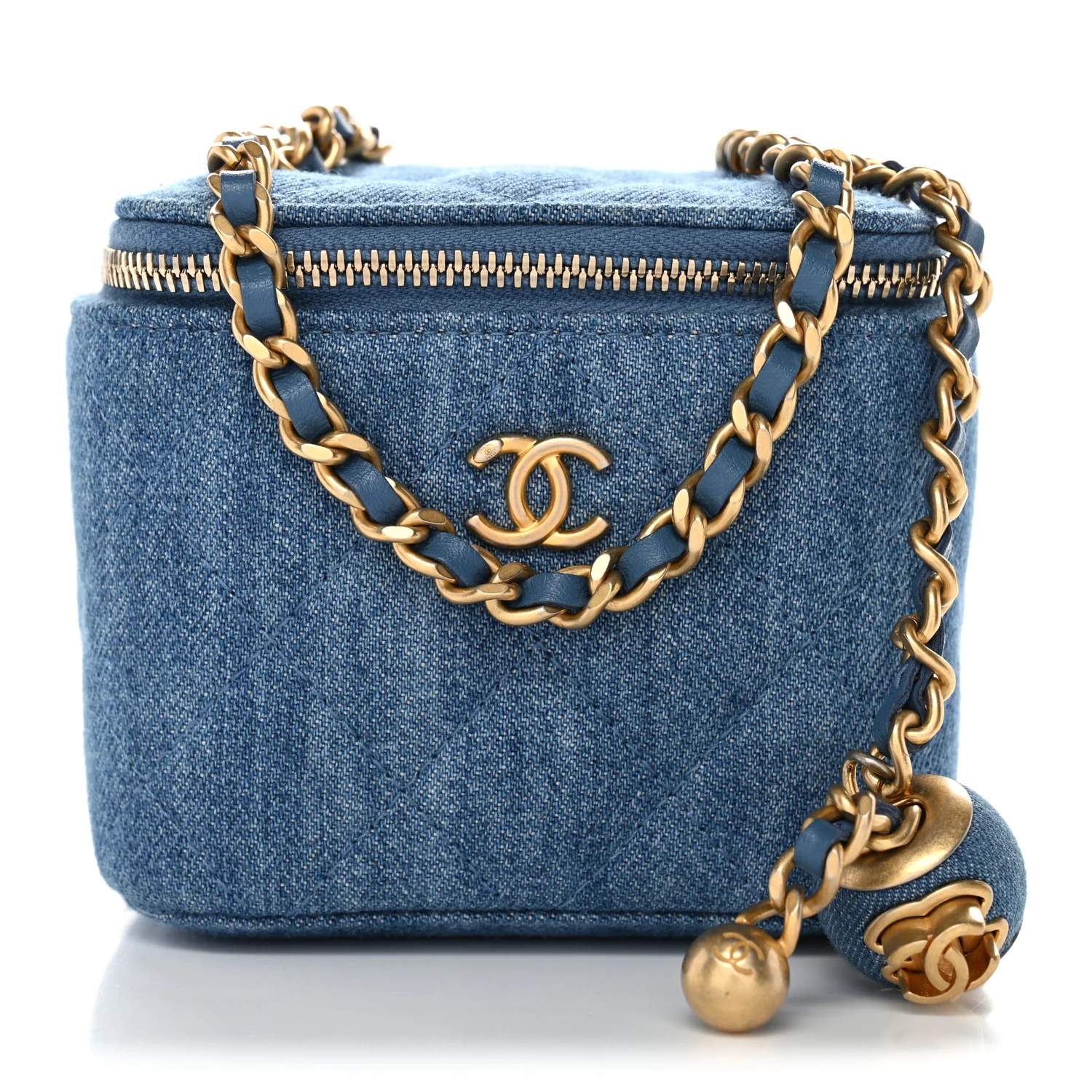 Denim Quilted Mini Pearl Crush Vanity Case With Chain