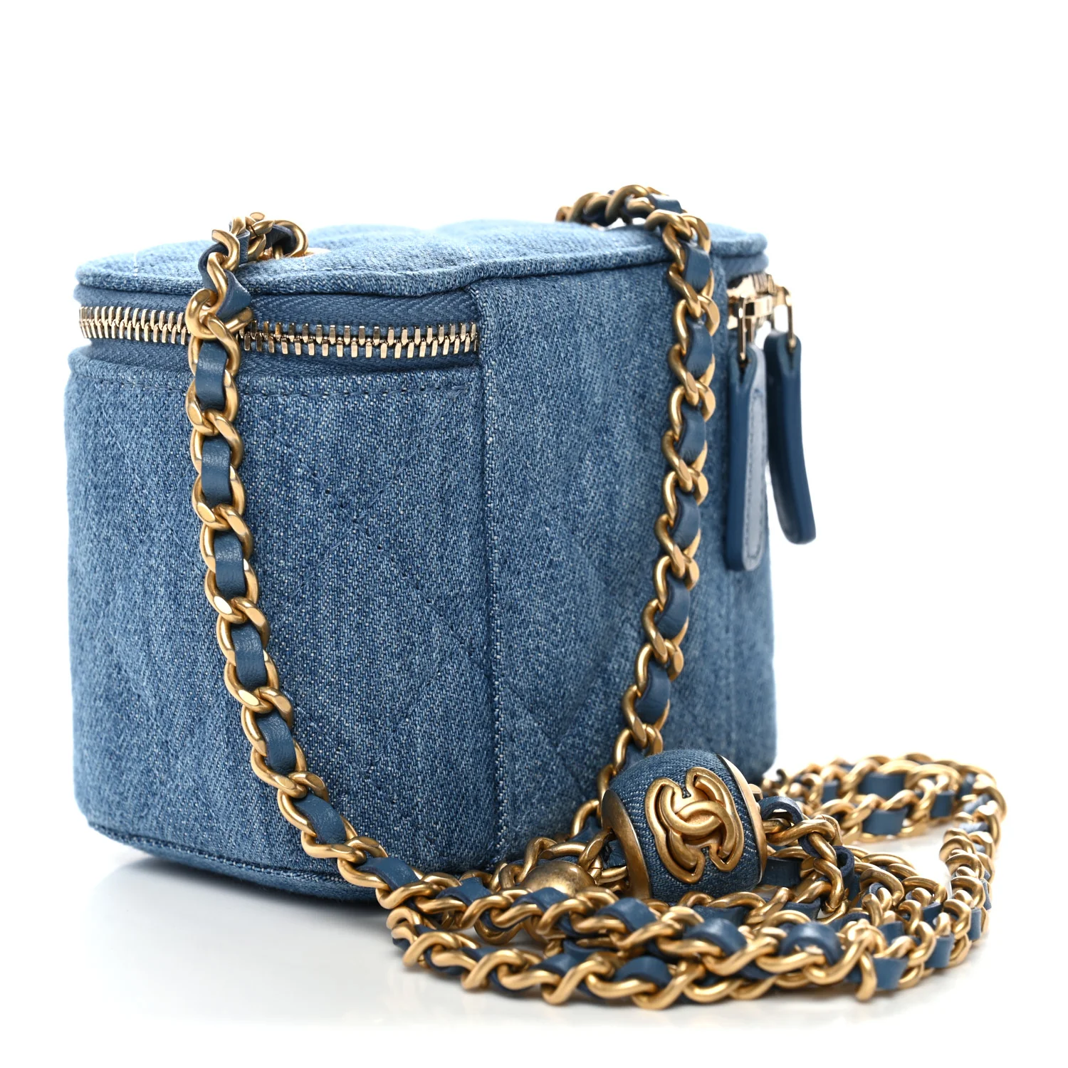 Denim Quilted Mini Pearl Crush Vanity Case With Chain - Image 3