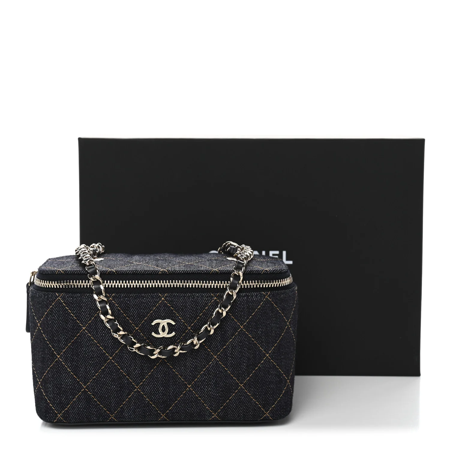 Denim Quilted Small Vanity Case With Chain Dark Blue Orange - Image 11