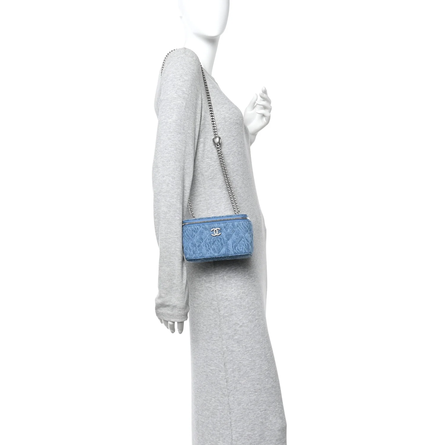 Denim Quilted Sweetheart Small Vanity Case With Chain Blue - Image 2