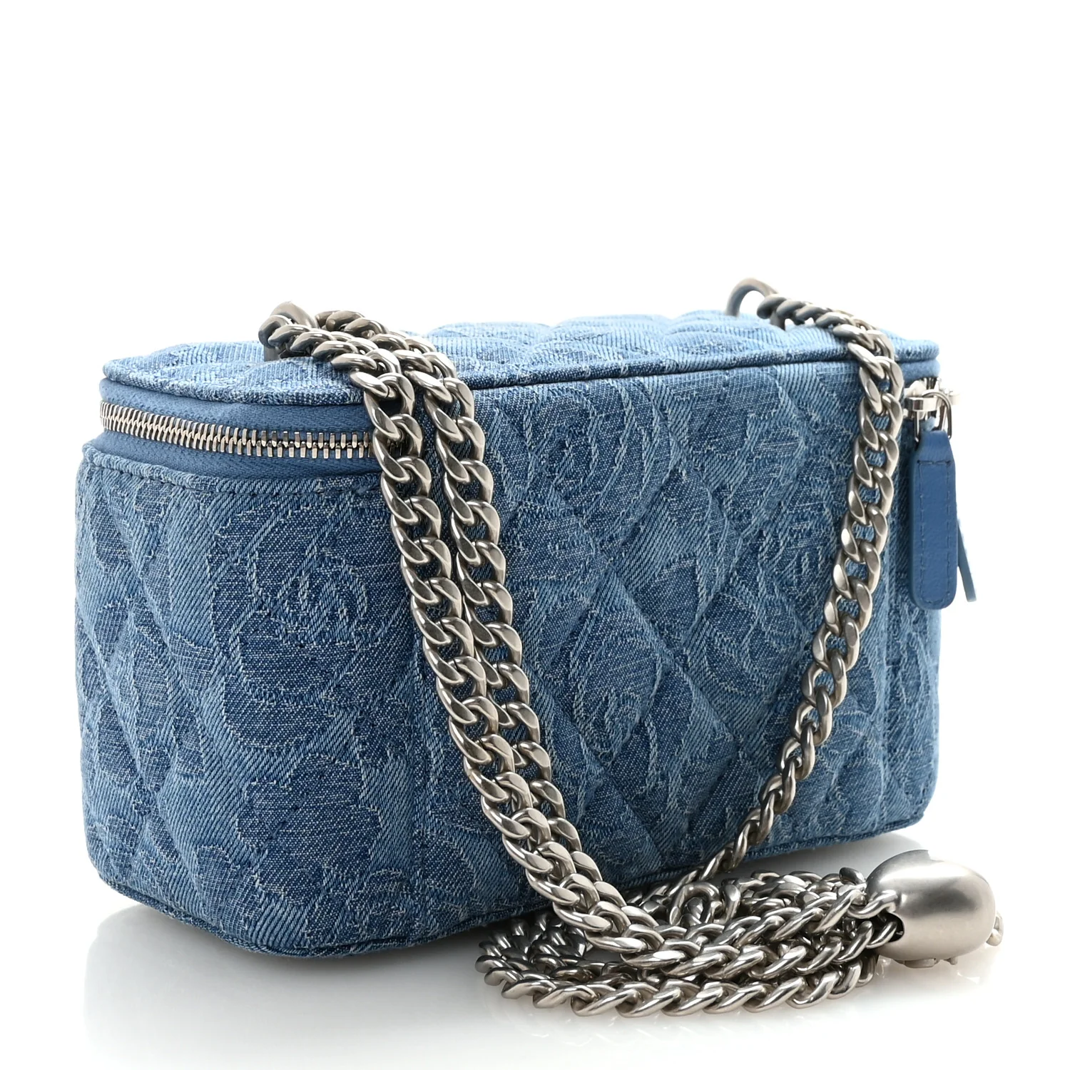 Denim Quilted Sweetheart Small Vanity Case With Chain Blue - Image 3