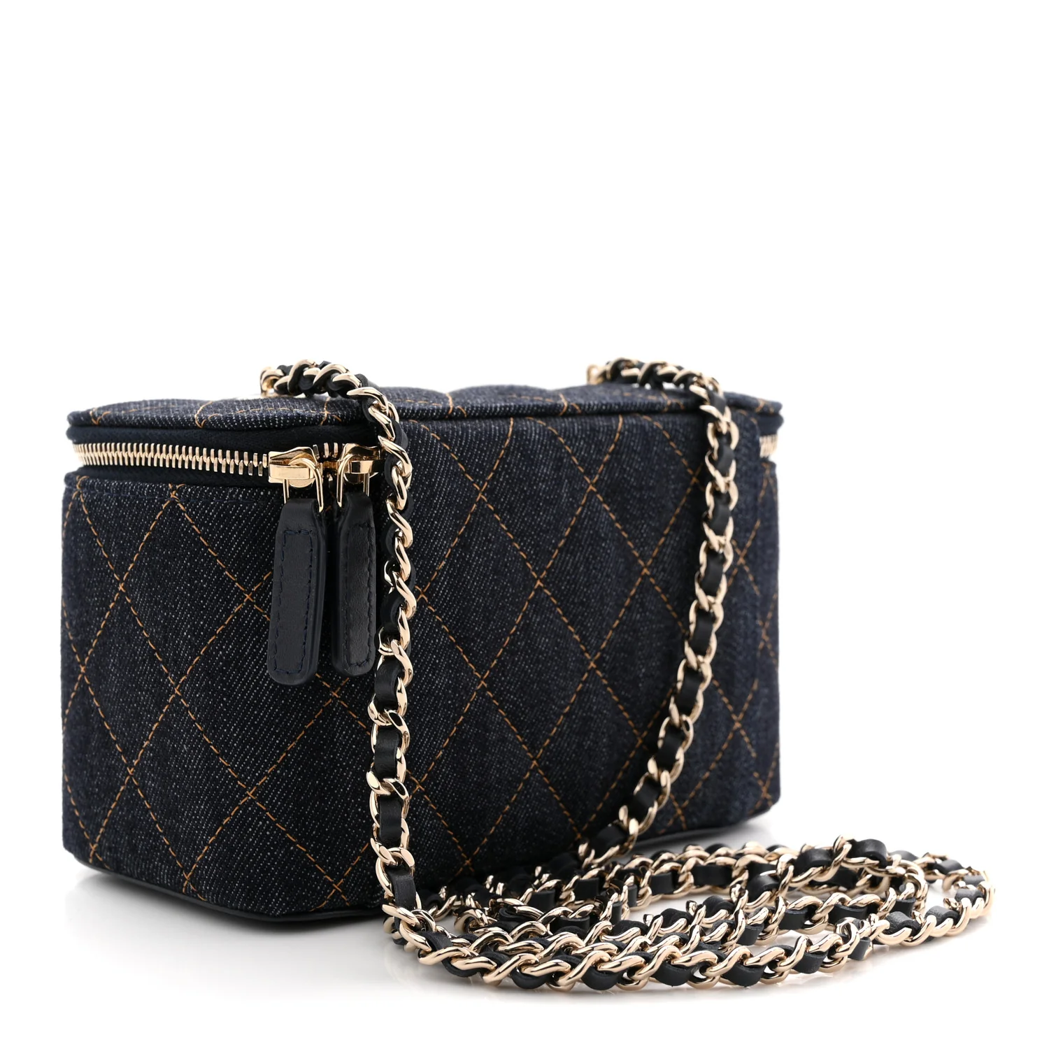 Denim Quilted Vanity Case With Chain Dark Blue - Image 3