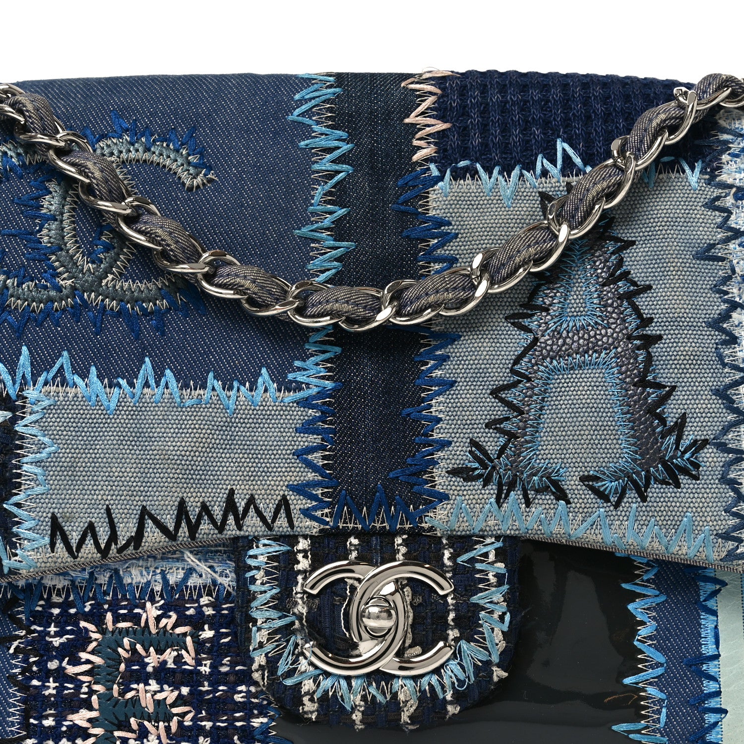 Denim Tweed Patchwork Jumbo Single Flap Blue - Image 8