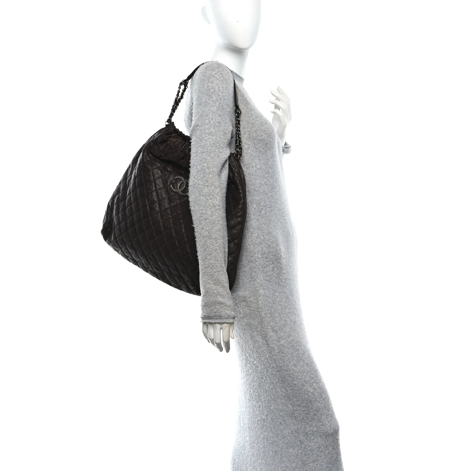 Distressed Glazed Caviar Quilted Large Elastic Tote Dark Brown - Image 2
