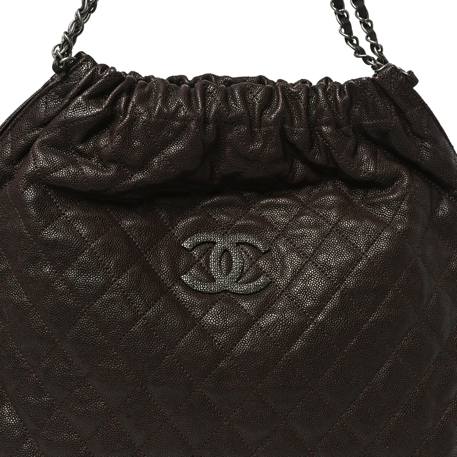 Distressed Glazed Caviar Quilted Large Elastic Tote Dark Brown - Image 8