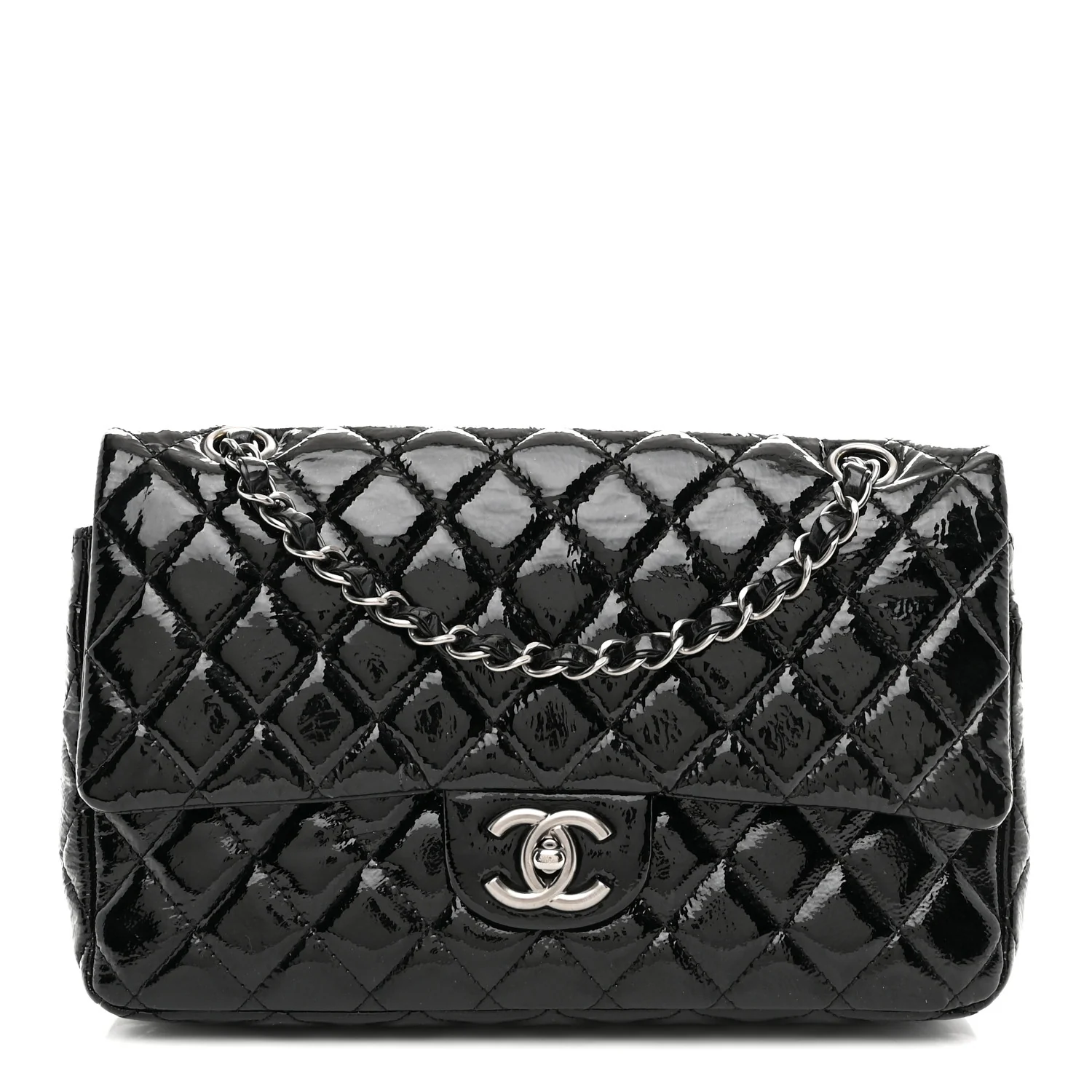 Distressed Patent Quilted Medium Double Flap Black