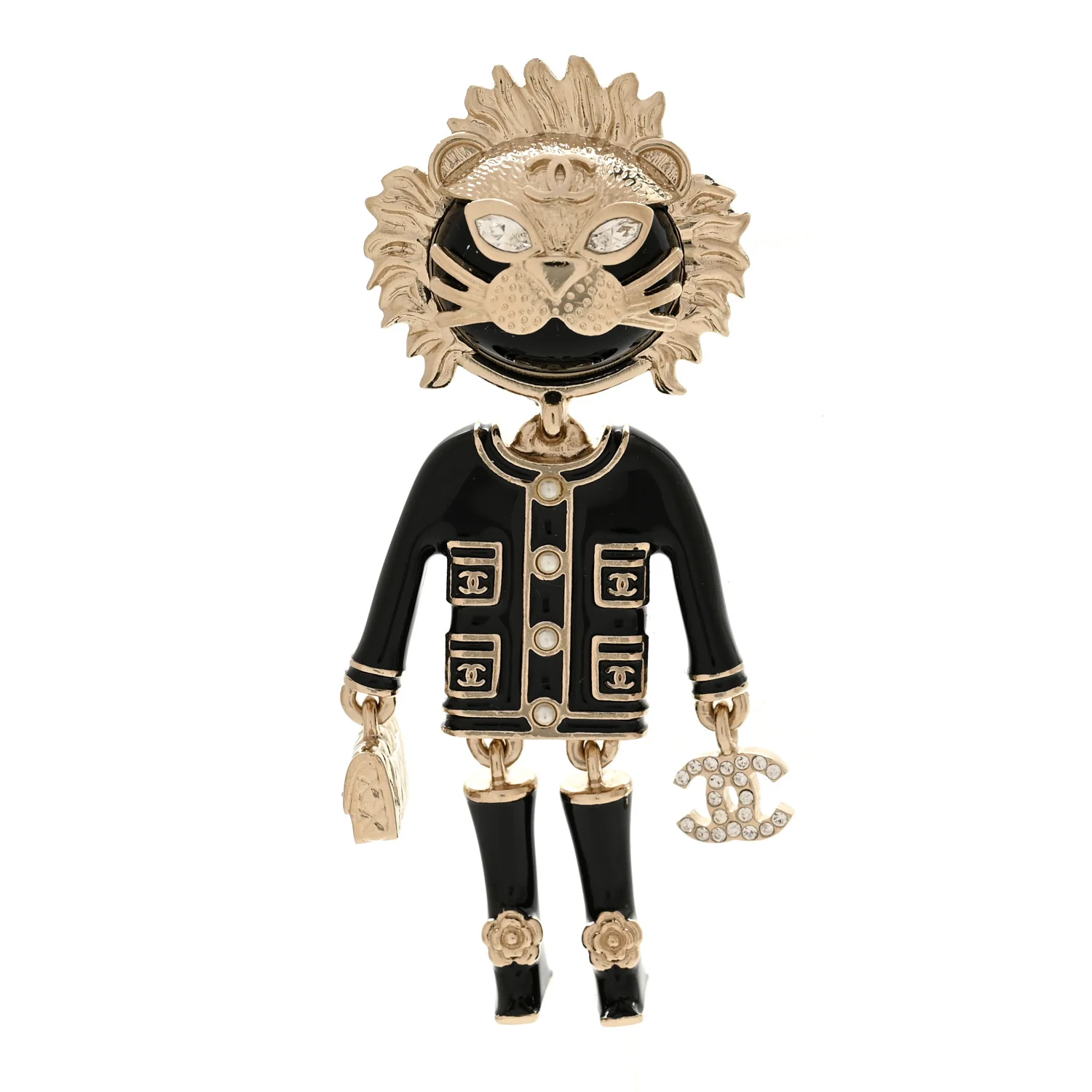 Enamel Crystal Pearl CC Lion Brooch Black White
