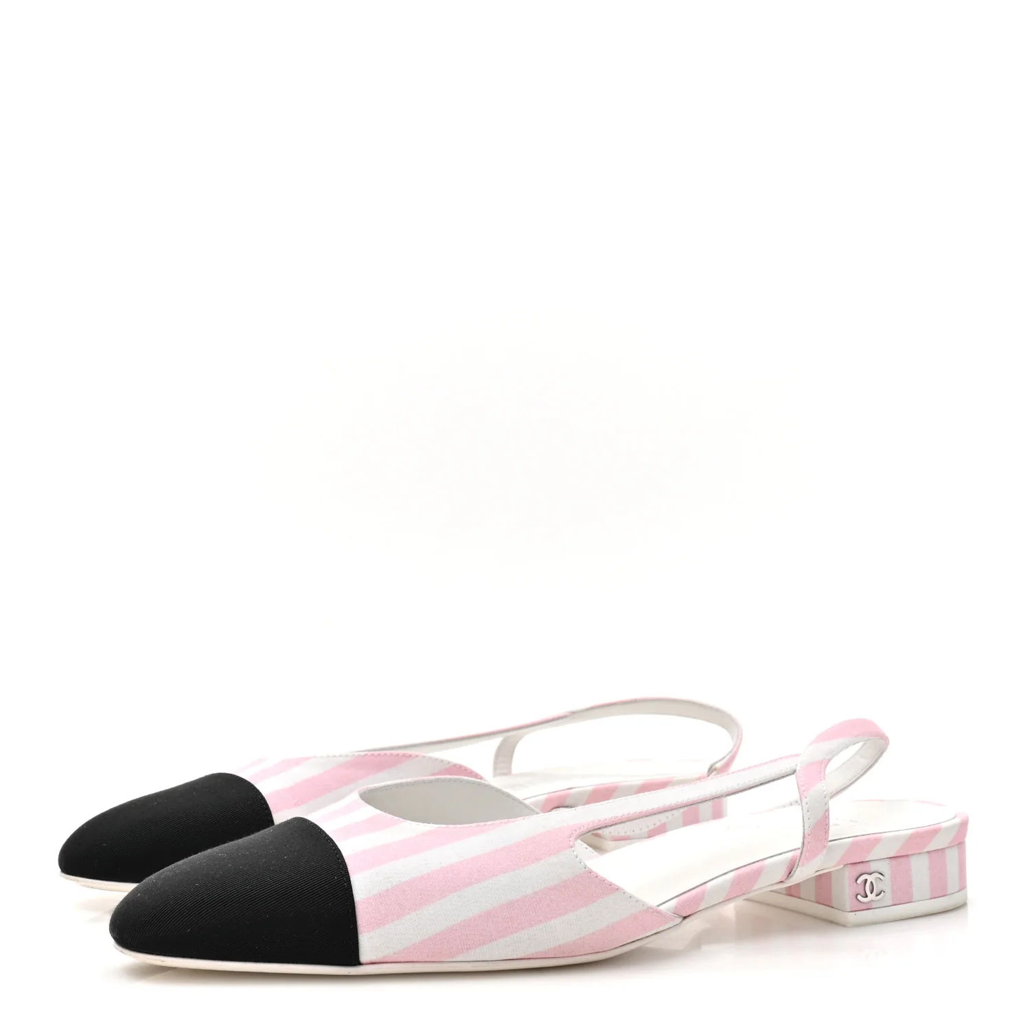Fabric Grosgrain Cap Toe CC Slingback Flats 38.5 Pink White - Image 4