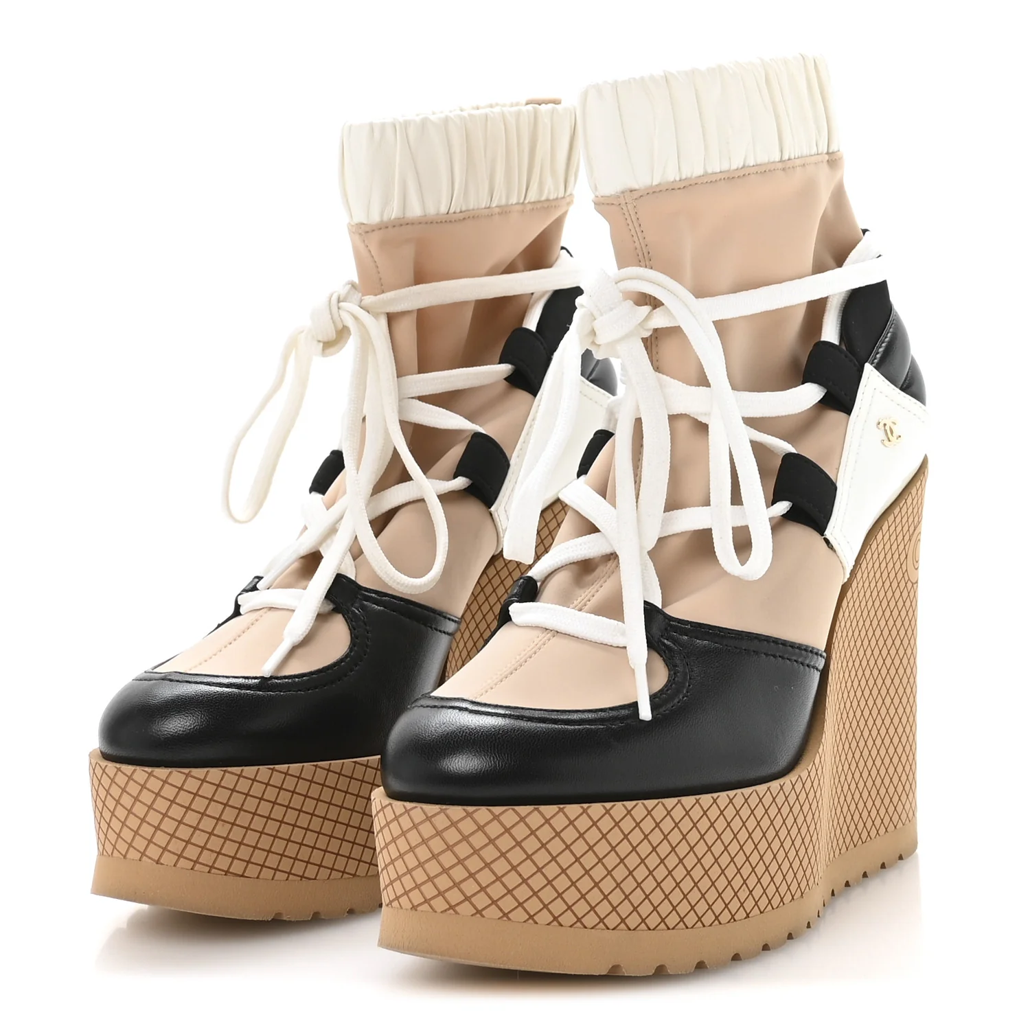 Fabric Lambskin Calfskin Runway Wedge Short Platform Boots 37 Black White Beige - Image 4