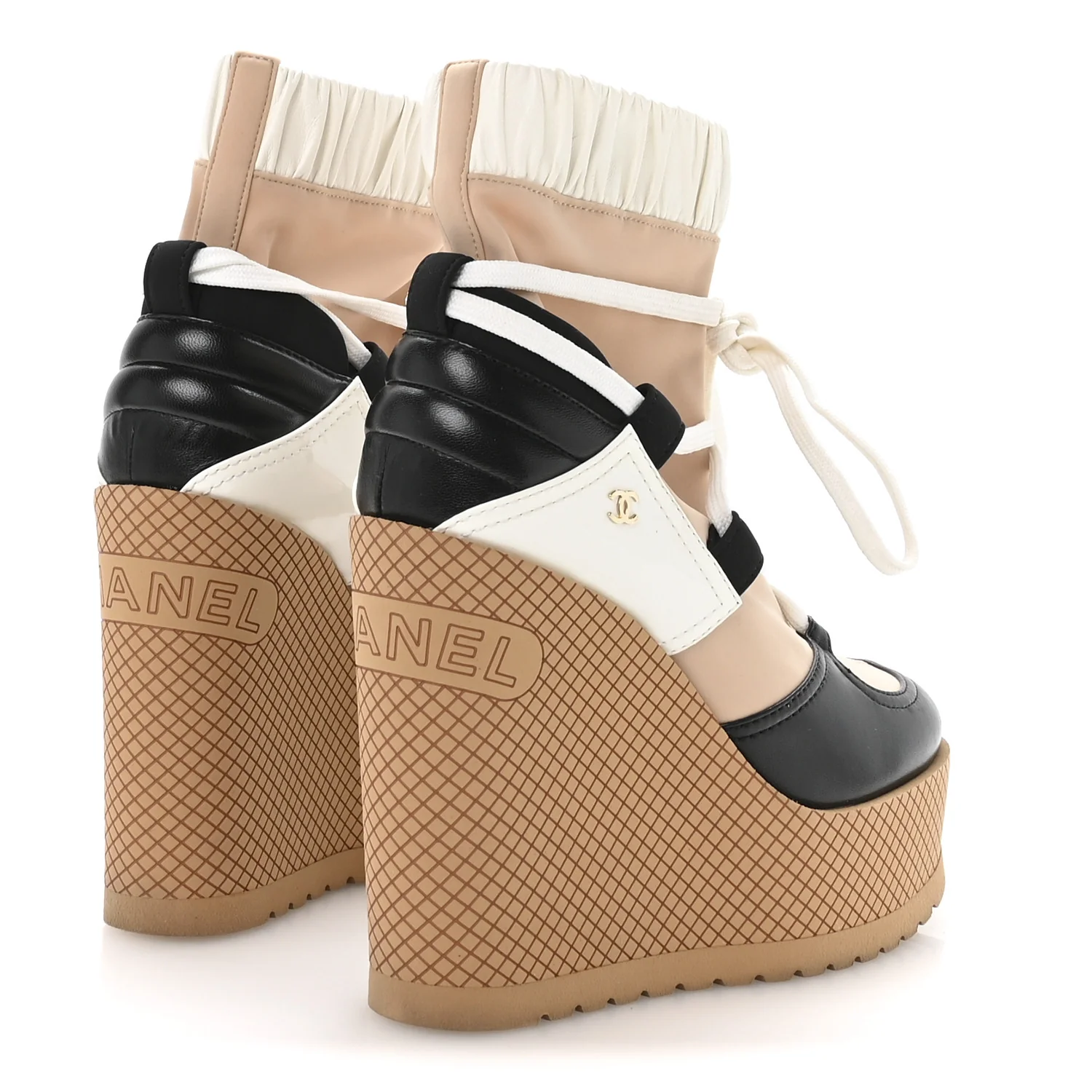 Fabric Lambskin Calfskin Runway Wedge Short Platform Boots 37 Black White Beige - Image 5