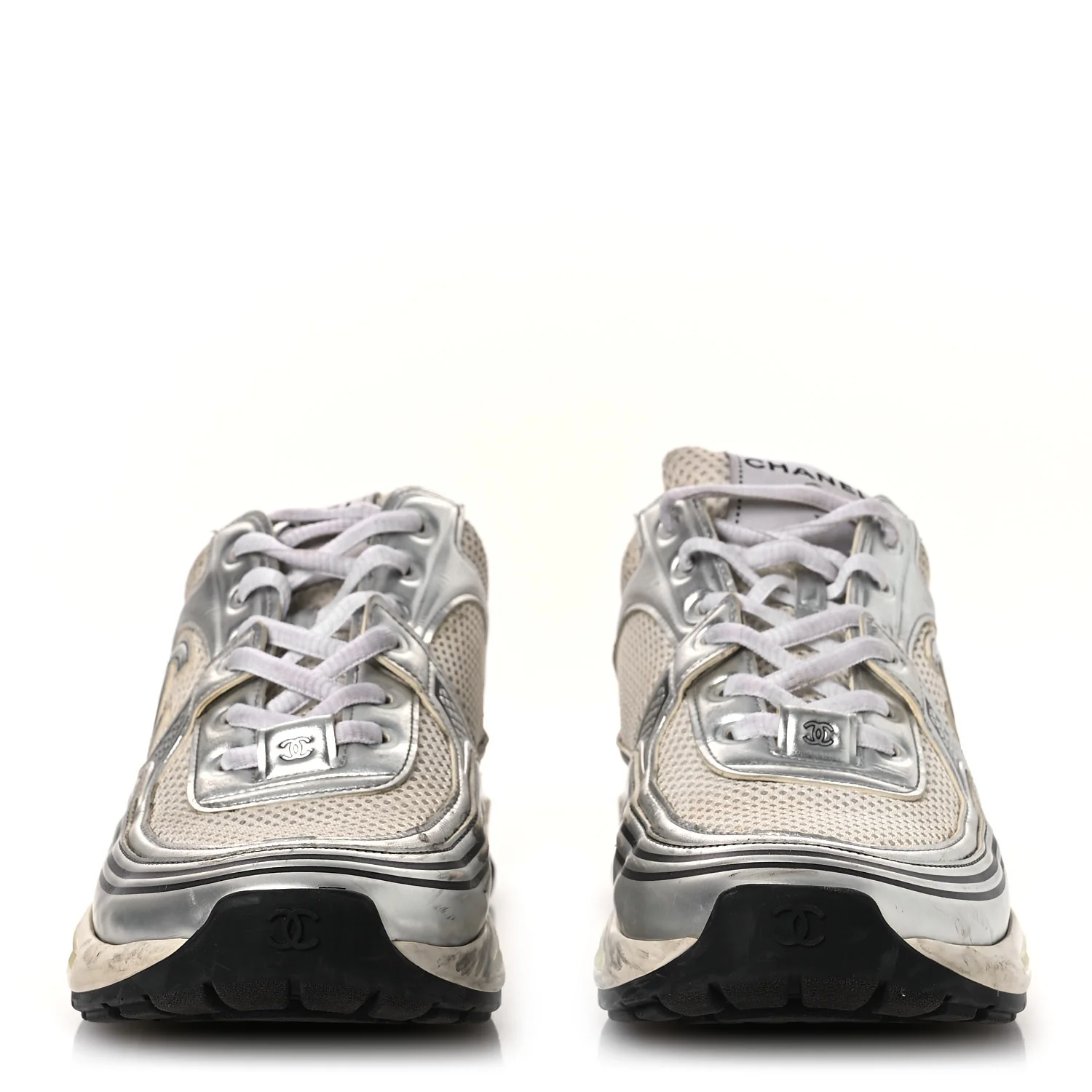 Fabric Laminated Calfskin Stretch CC Sneakers 39.5 White Silver - Image 3