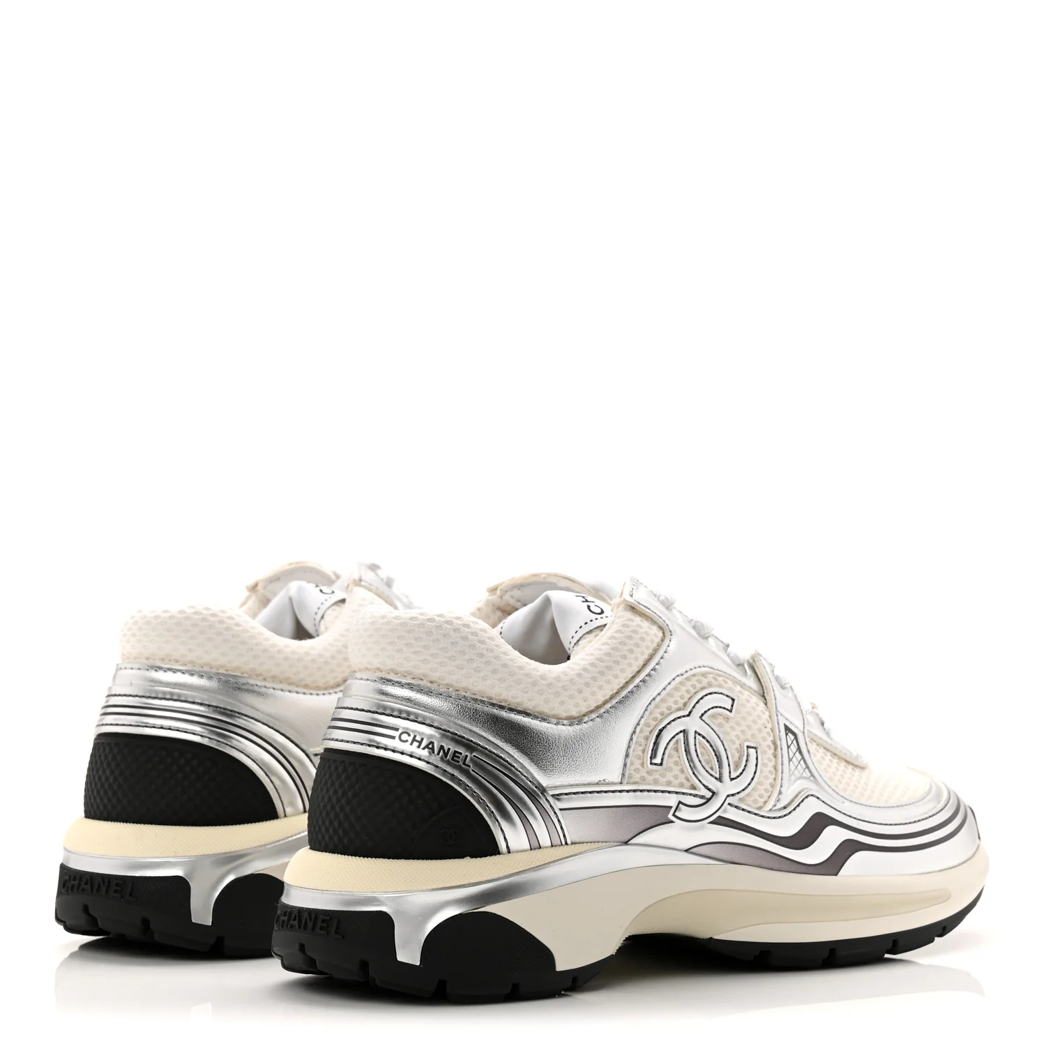 Fabric Laminated Calfskin Stretch CC Womens Sneakers 37.5 White Silver - Image 5