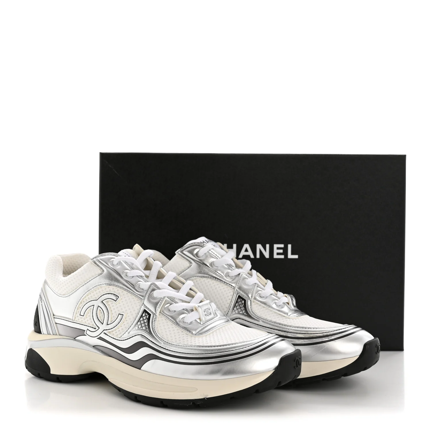 Fabric Laminated Calfskin Stretch CC Womens Sneakers 39.5 White Silver - Image 11