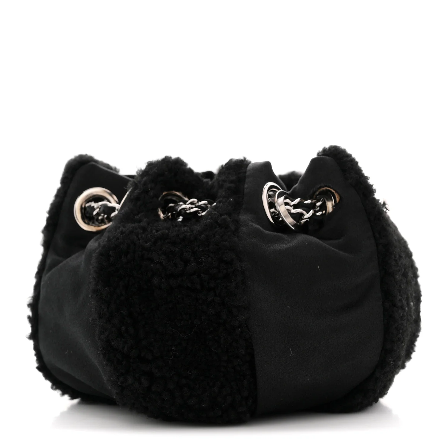 Fur Satin Drawstring Tassel Sac Cordon Shoulder Bag Black - Image 3