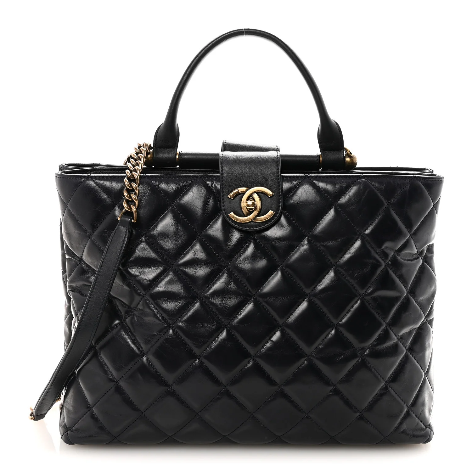 Glazed Calfskin Quilted Gold Bar Tote Dark Navy Blue