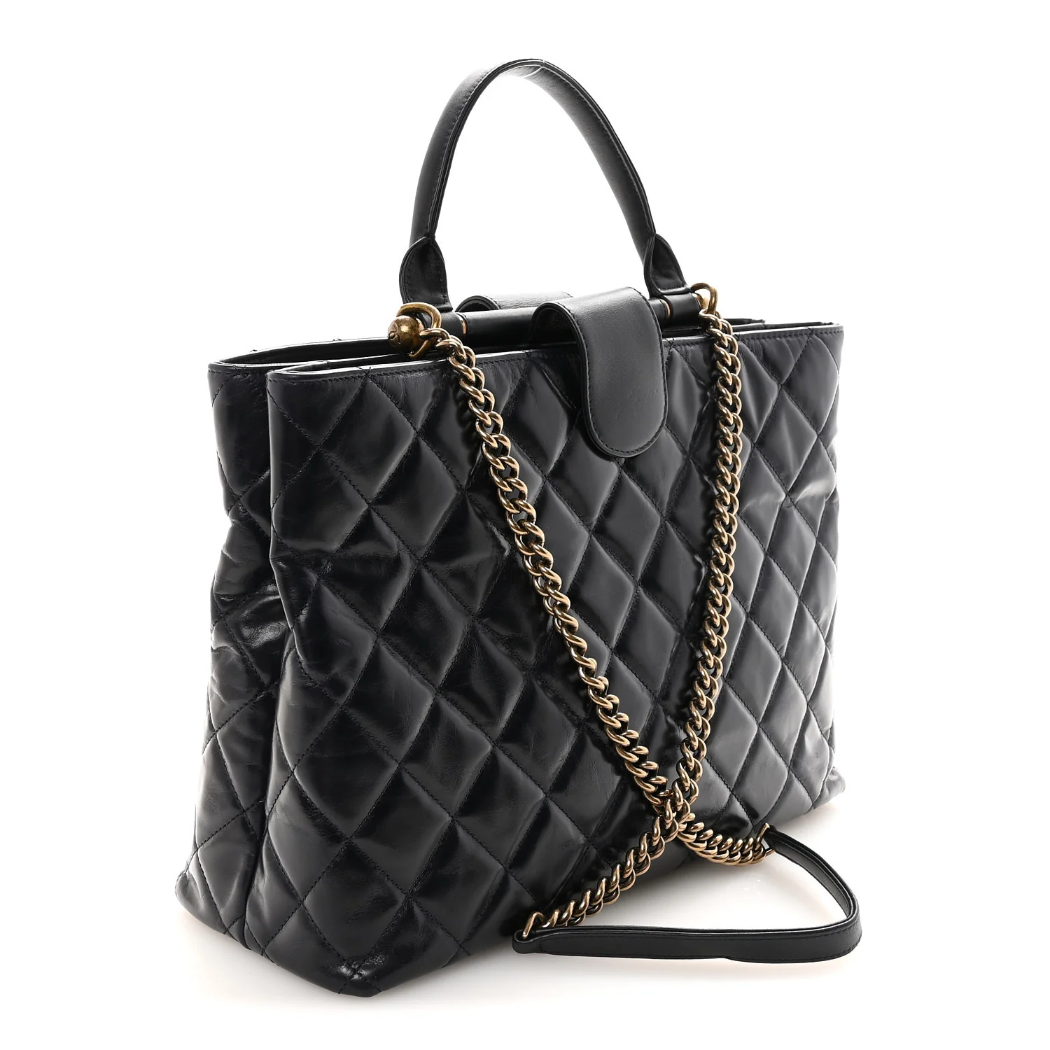 Glazed Calfskin Quilted Gold Bar Tote Dark Navy Blue - Image 2