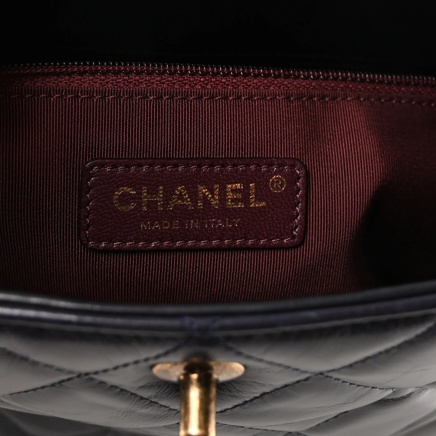 Glazed Calfskin Quilted Gold Bar Tote Dark Navy Blue - Image 5