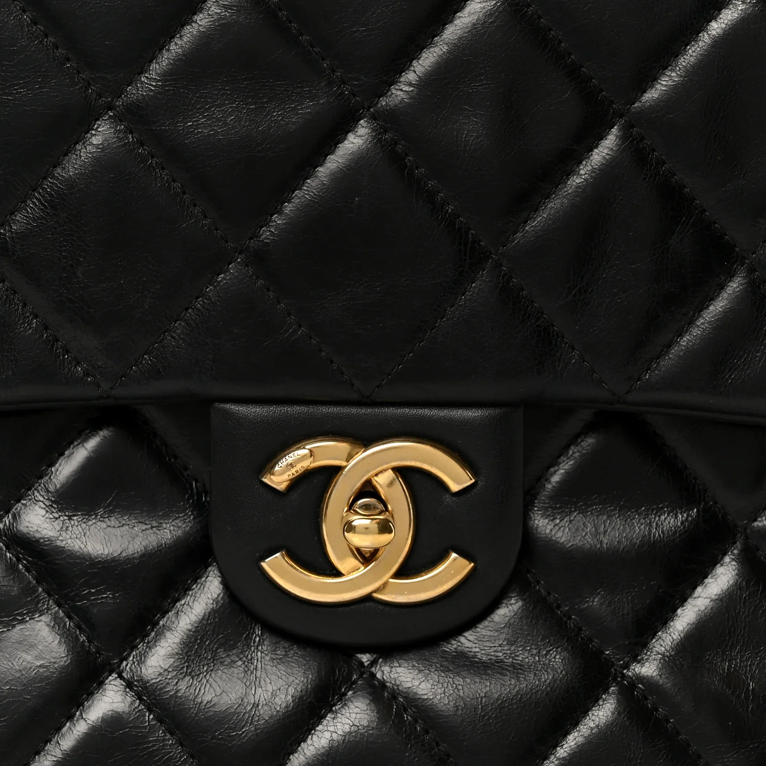 Glazed Calfskin Quilted Large Gold Bar Top Handle Flap Black - Image 9