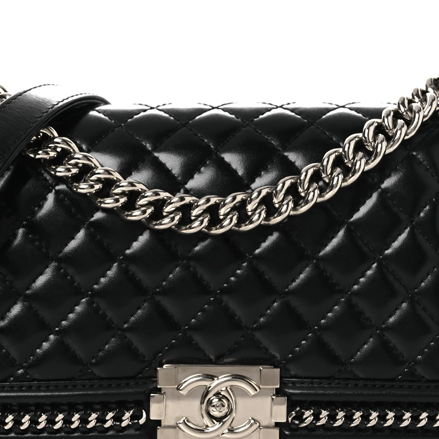 Glazed Calfskin Quilted Medium Chain Around Boy Flap Black - Image 8