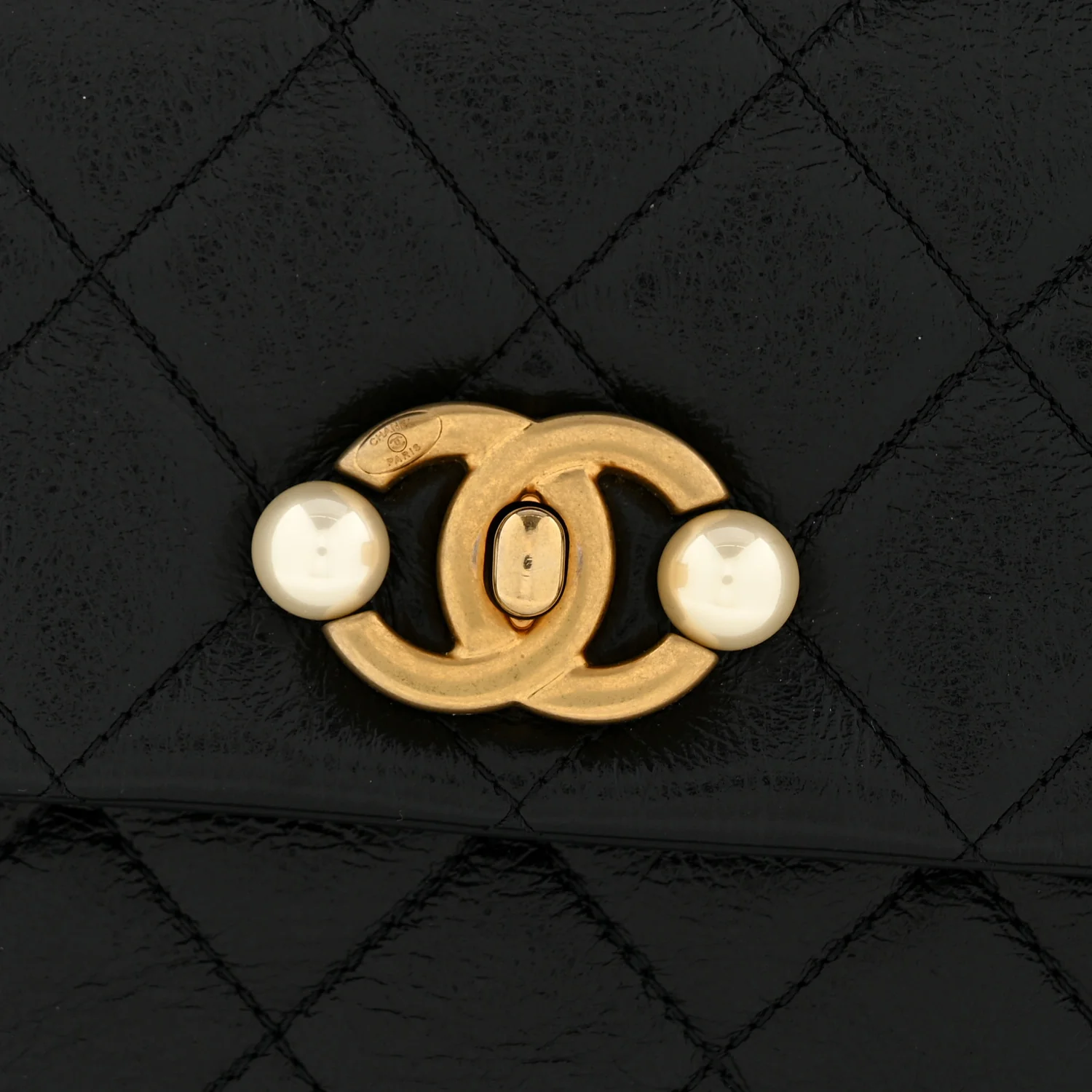 Glazed Calfskin Quilted Mini Pearl Side Flap Black - Image 12