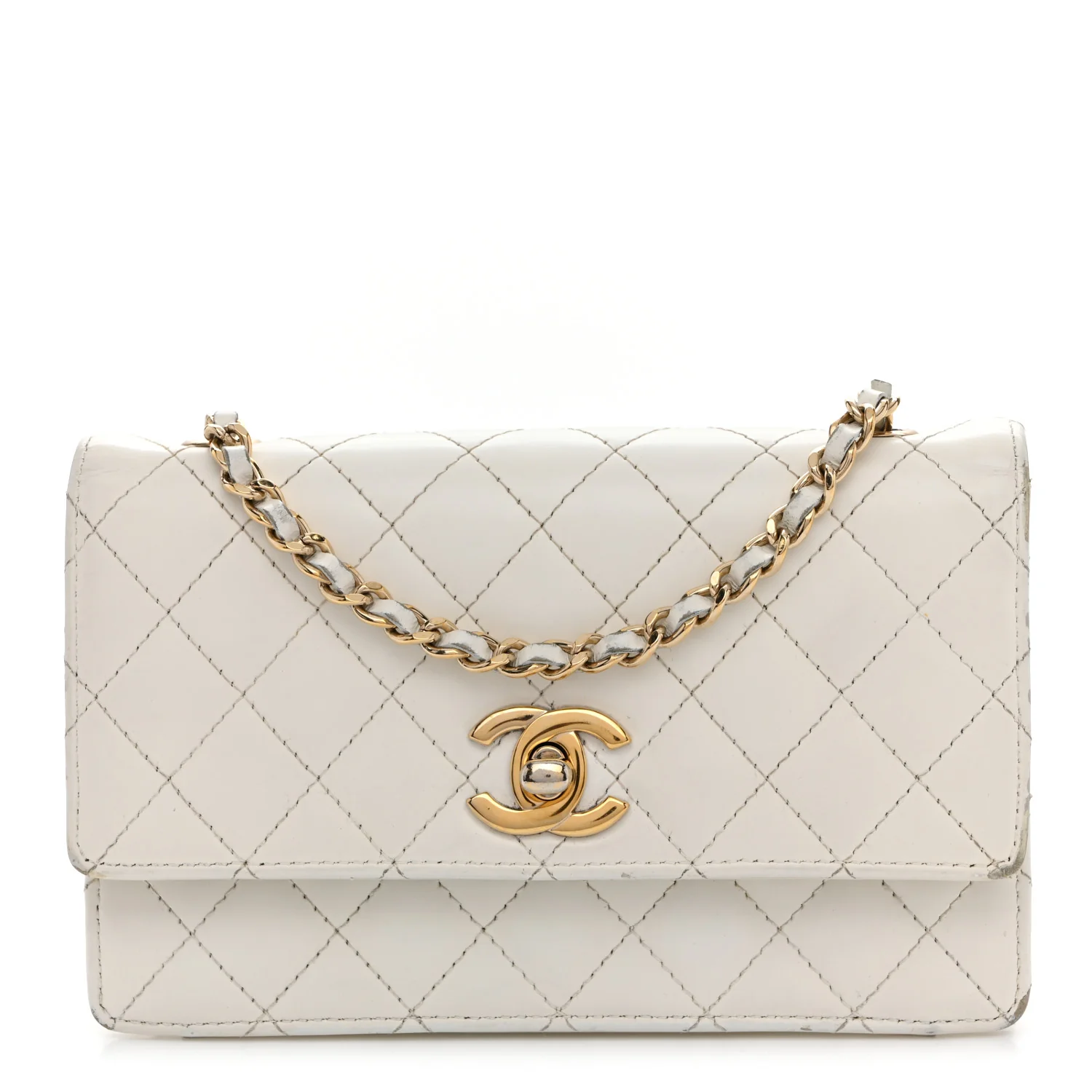 Glazed Calfskin Quilted Small Flap White