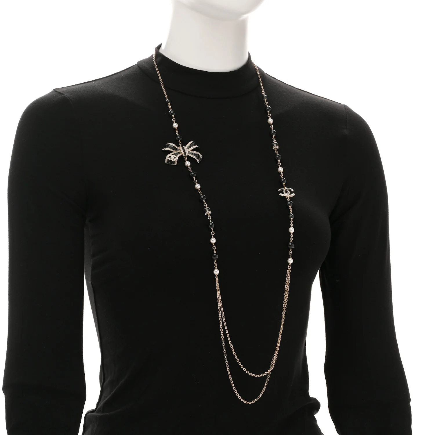 Glitter Enamel Crystal Bow CC Long Necklace Black Gold - Image 2