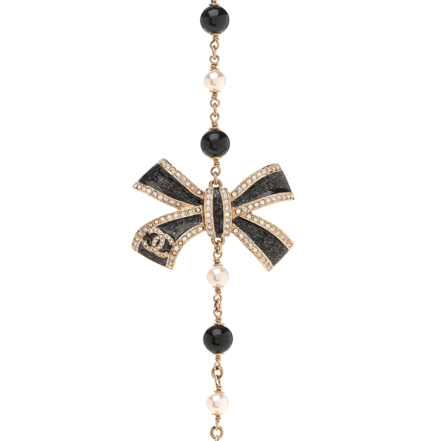Glitter Enamel Crystal Bow CC Long Necklace Black Gold - Image 4