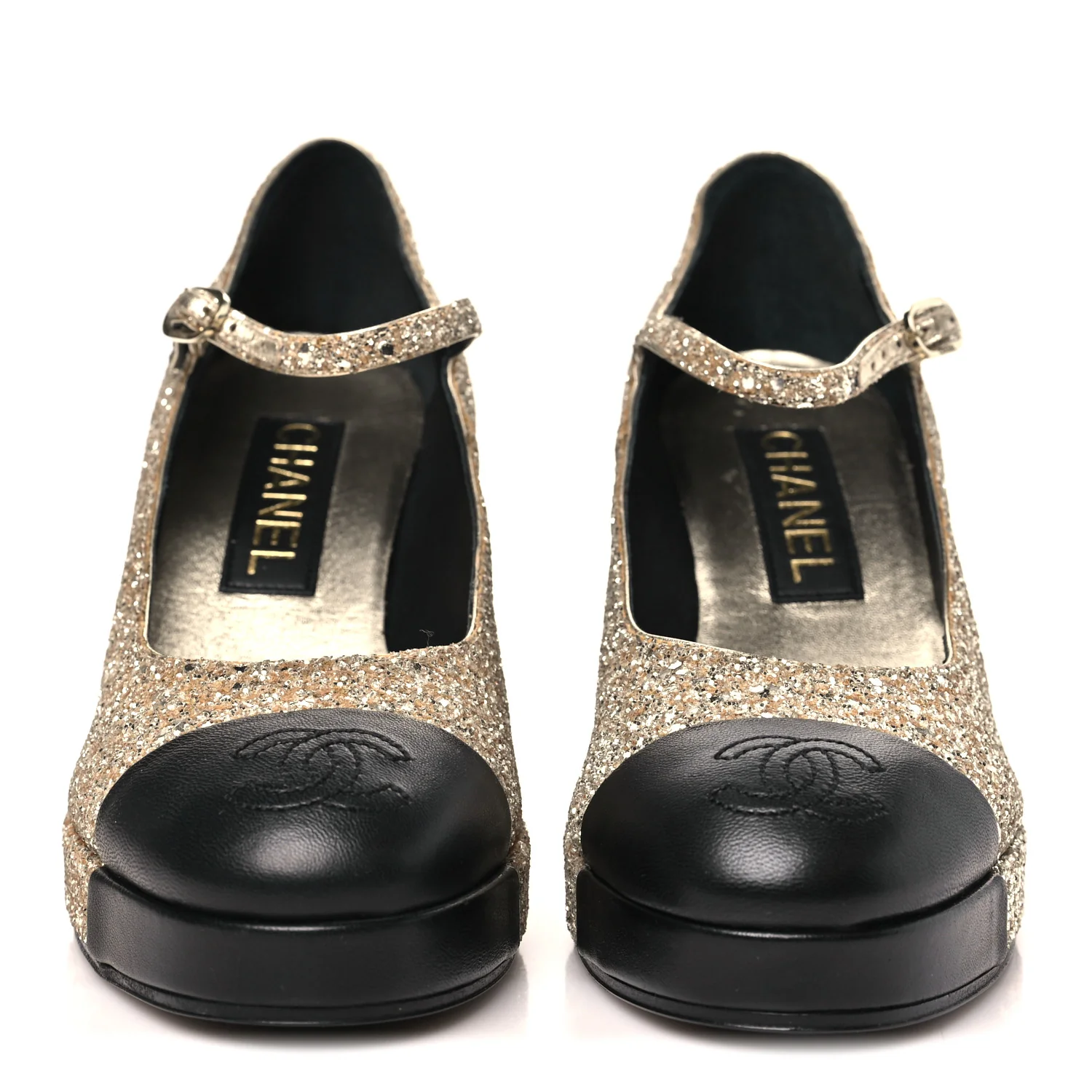 Glitter Lambskin Cap Toe CC Mary Jane Pumps 37 Light Gold Black - Image 3