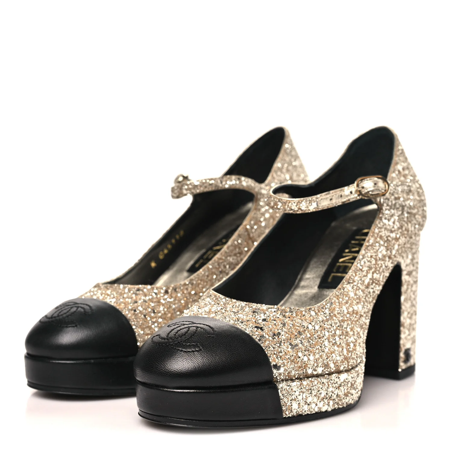 Glitter Lambskin Cap Toe CC Mary Jane Pumps 37 Light Gold Black - Image 4