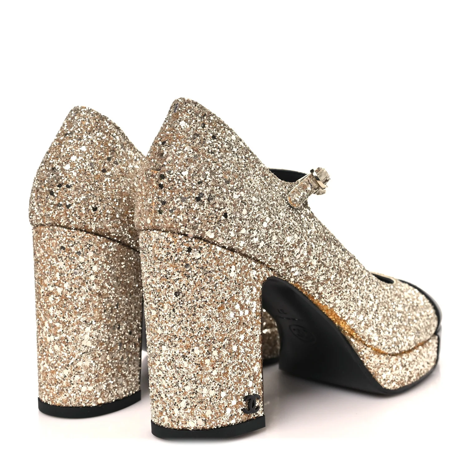 Glitter Lambskin Cap Toe CC Mary Jane Pumps 37 Light Gold Black - Image 5