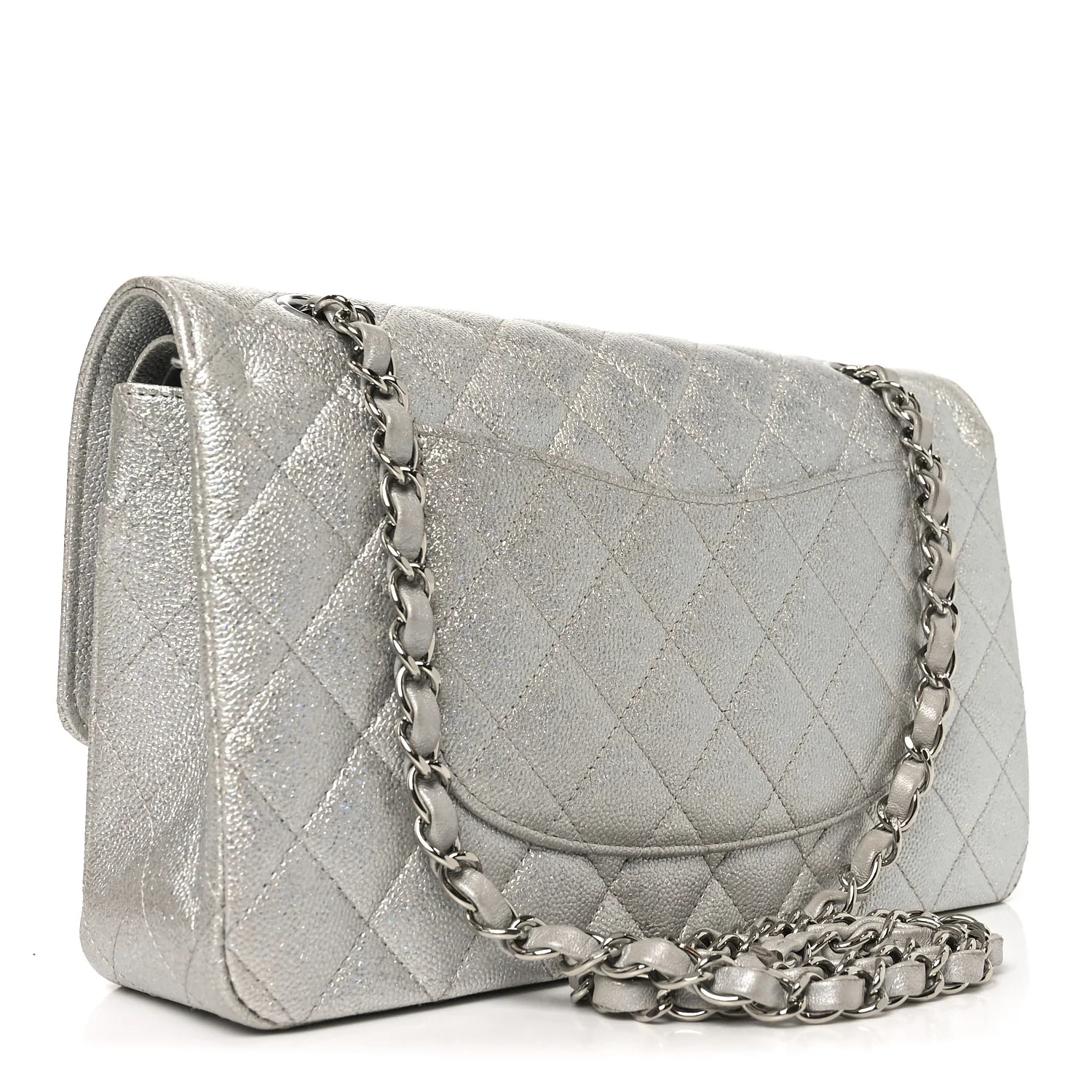 Glittered Metallic Caviar Quilted Medium Double Flap Silver - Image 2