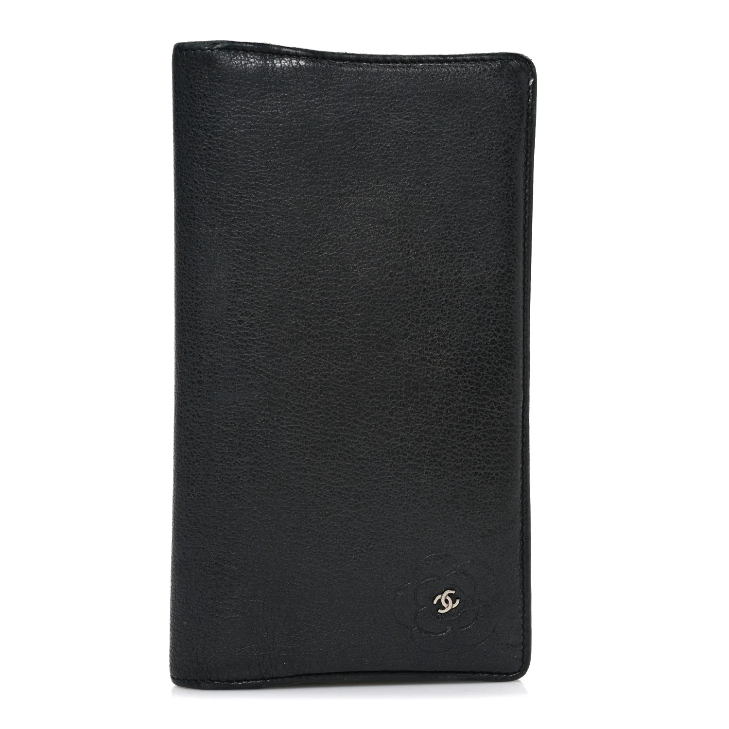 Goatskin Camellia Embossed Yen Wallet Black