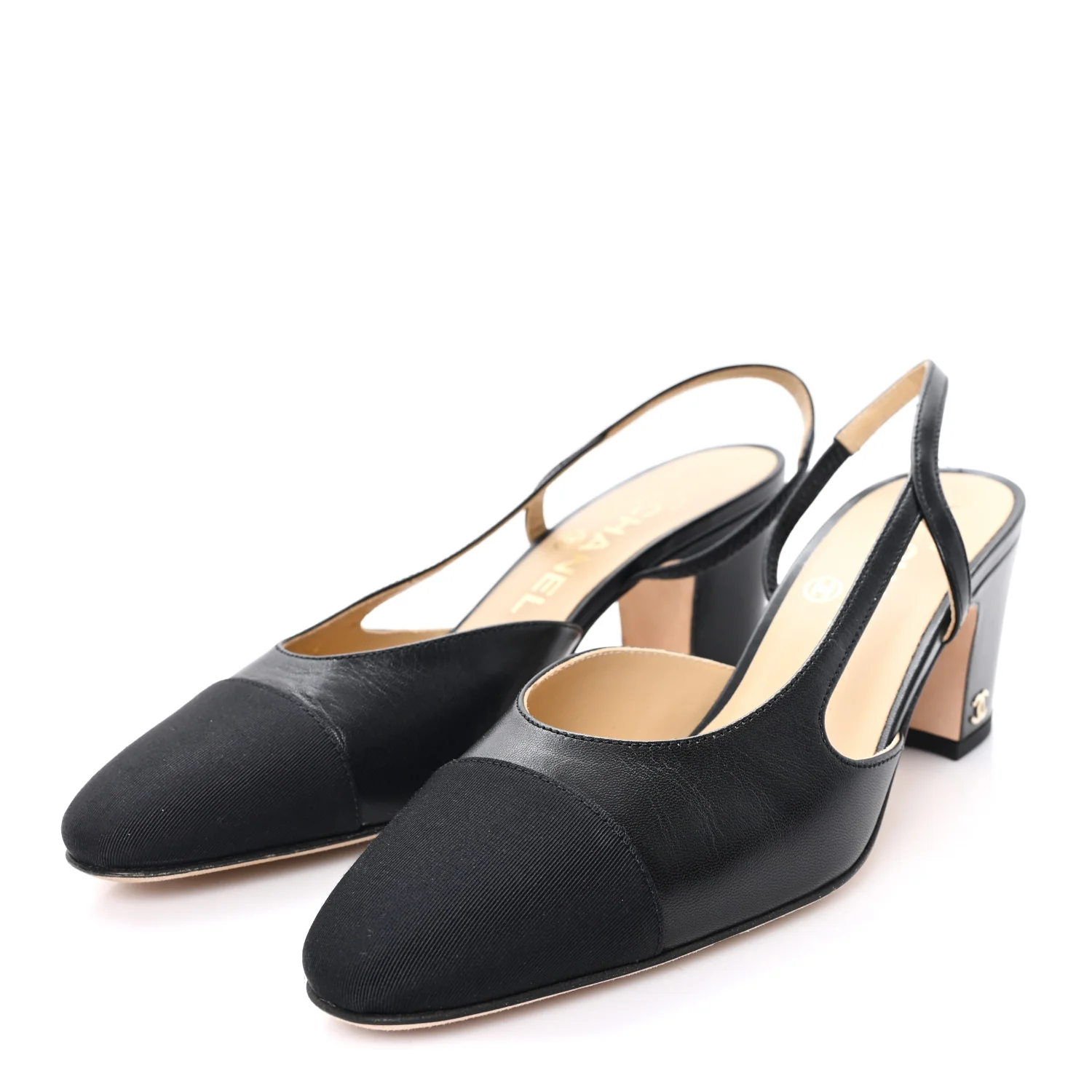 Goatskin Grosgrain Cap Toe CC Slingback Pumps 36 Black - Image 4
