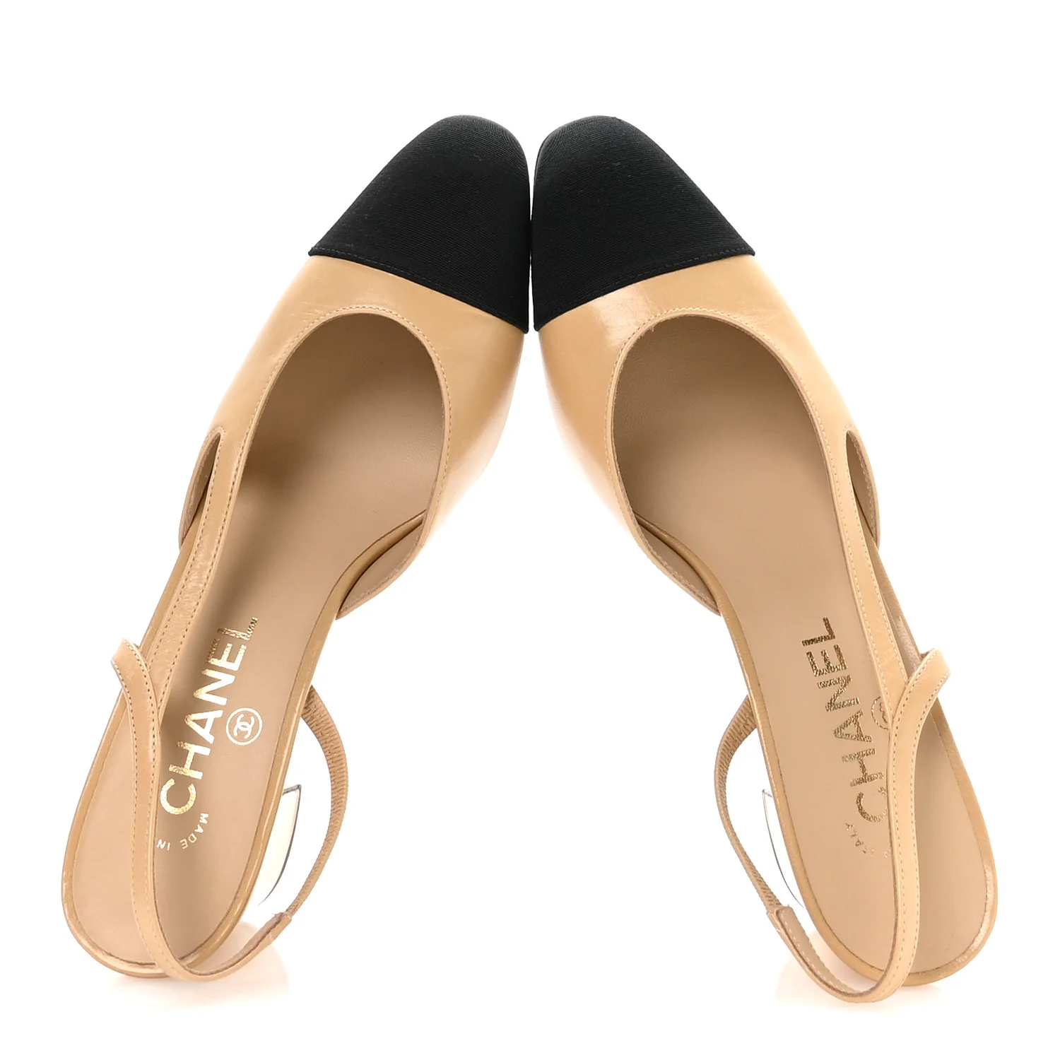 Goatskin Grosgrain Cap Toe CC Slingback Pumps 37.5 Beige Black - Image 2