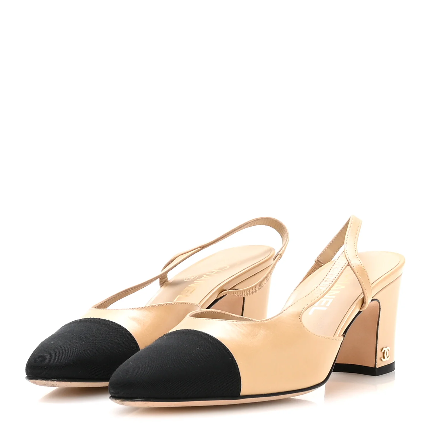 Goatskin Grosgrain Cap Toe CC Slingback Pumps 37.5 Beige Black - Image 4